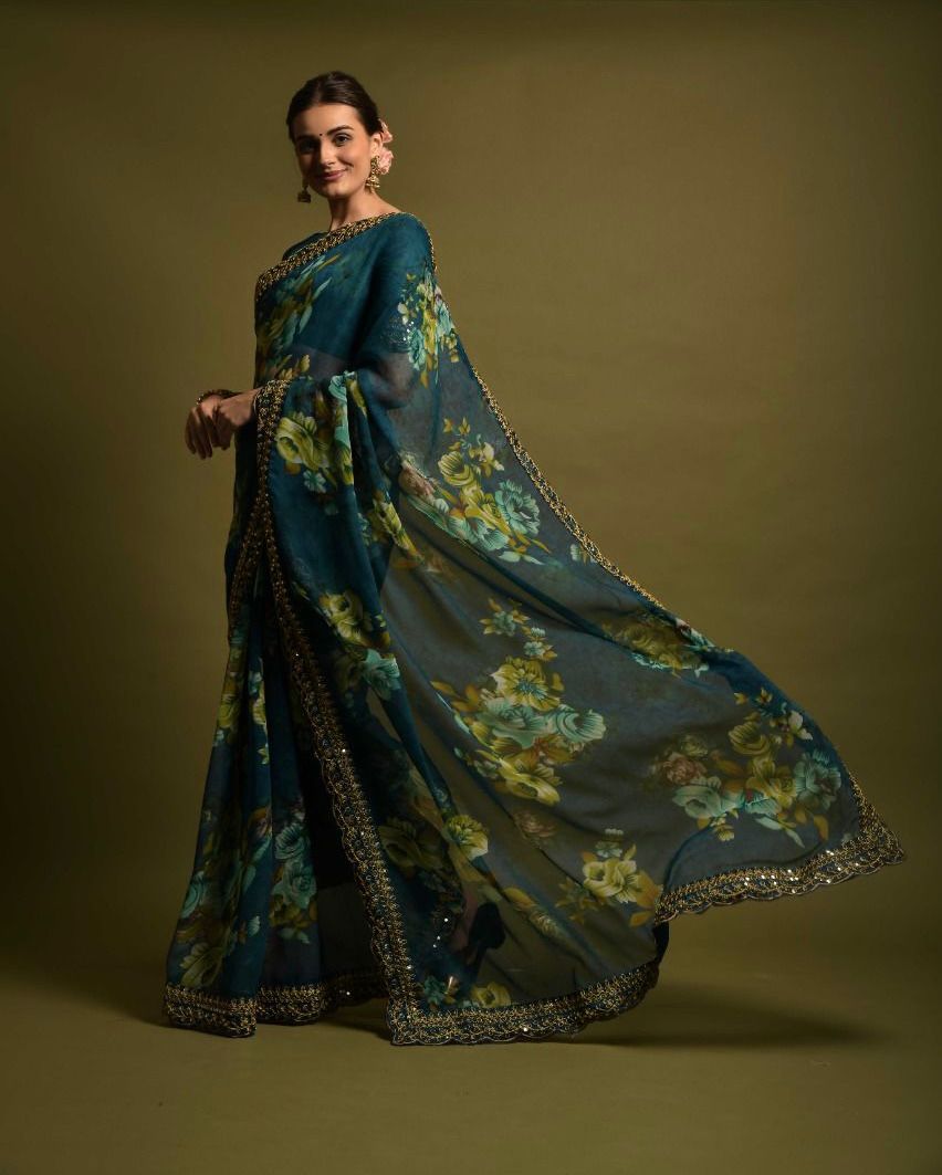 Luxuriant Teal Blue Color Floral Printed Saree