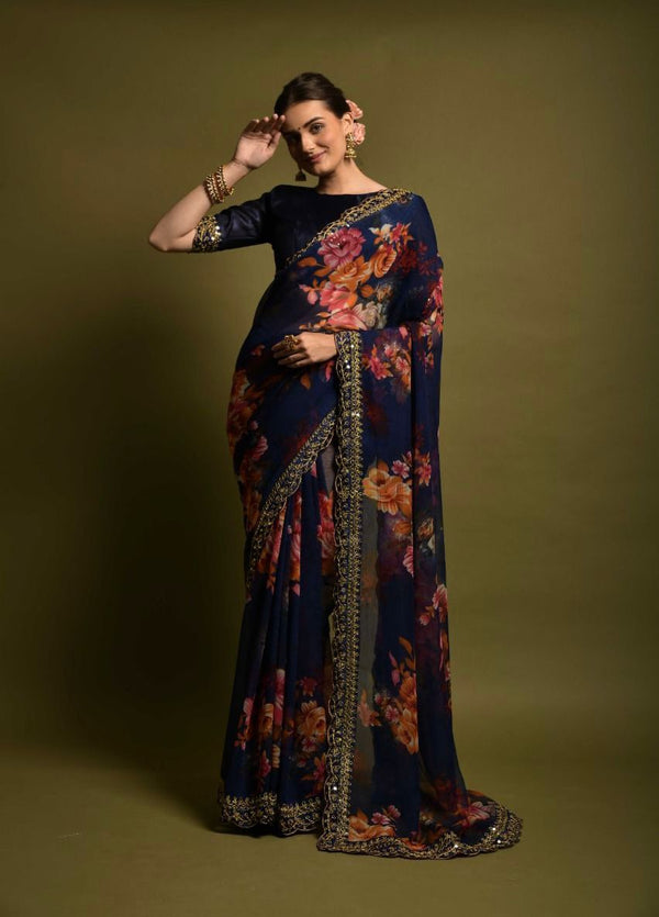 Luxuriant Blue Color Floral Printed Saree