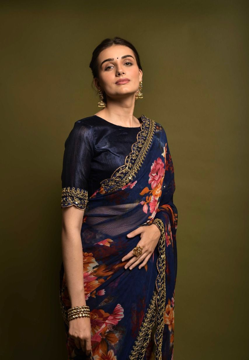 Luxuriant Blue Color Floral Printed Saree