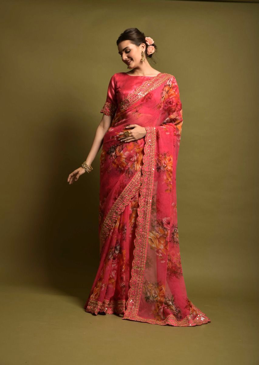 Luxuriant Pink Color Floral Printed Saree