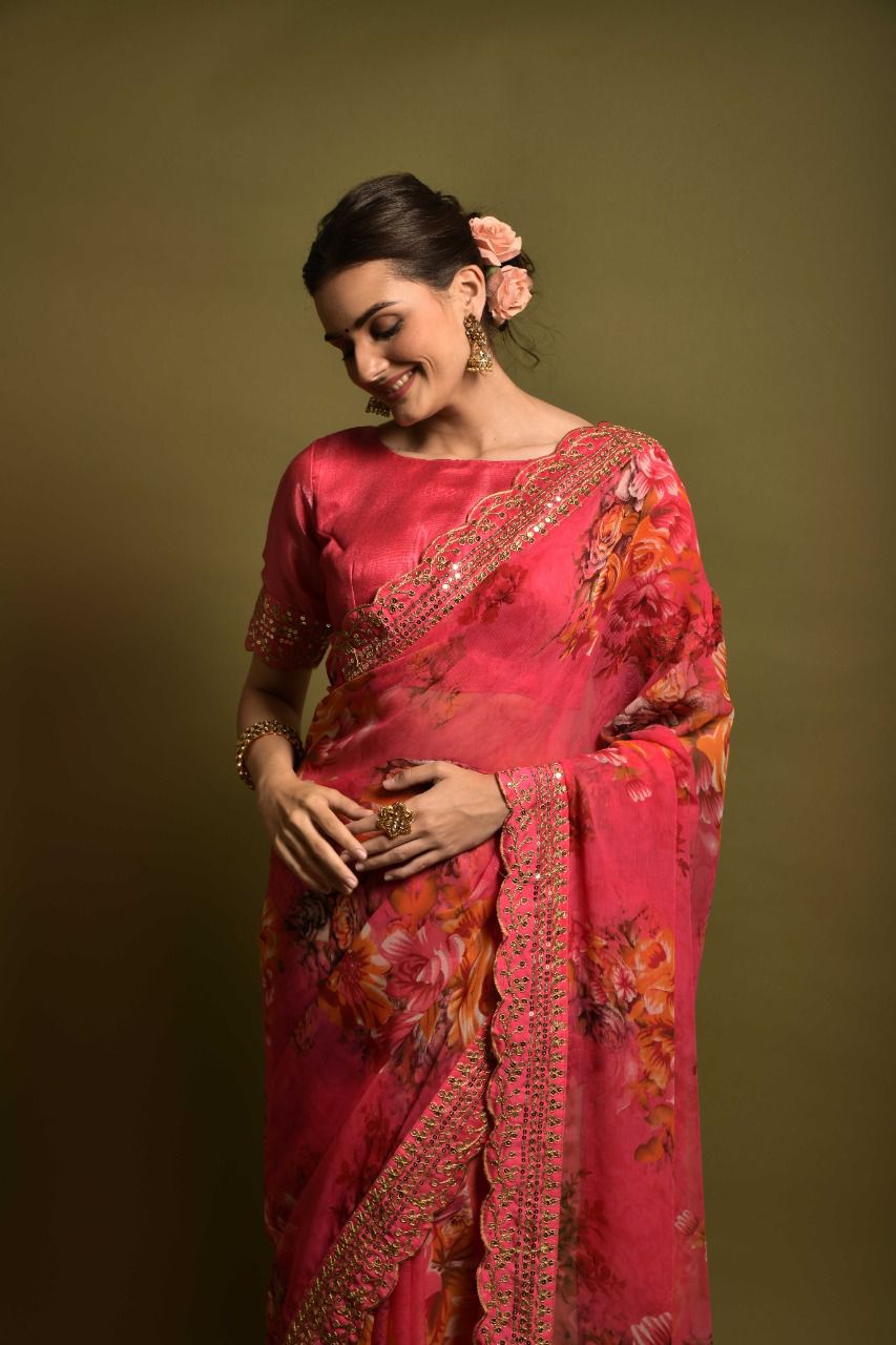 Luxuriant Pink Color Floral Printed Saree