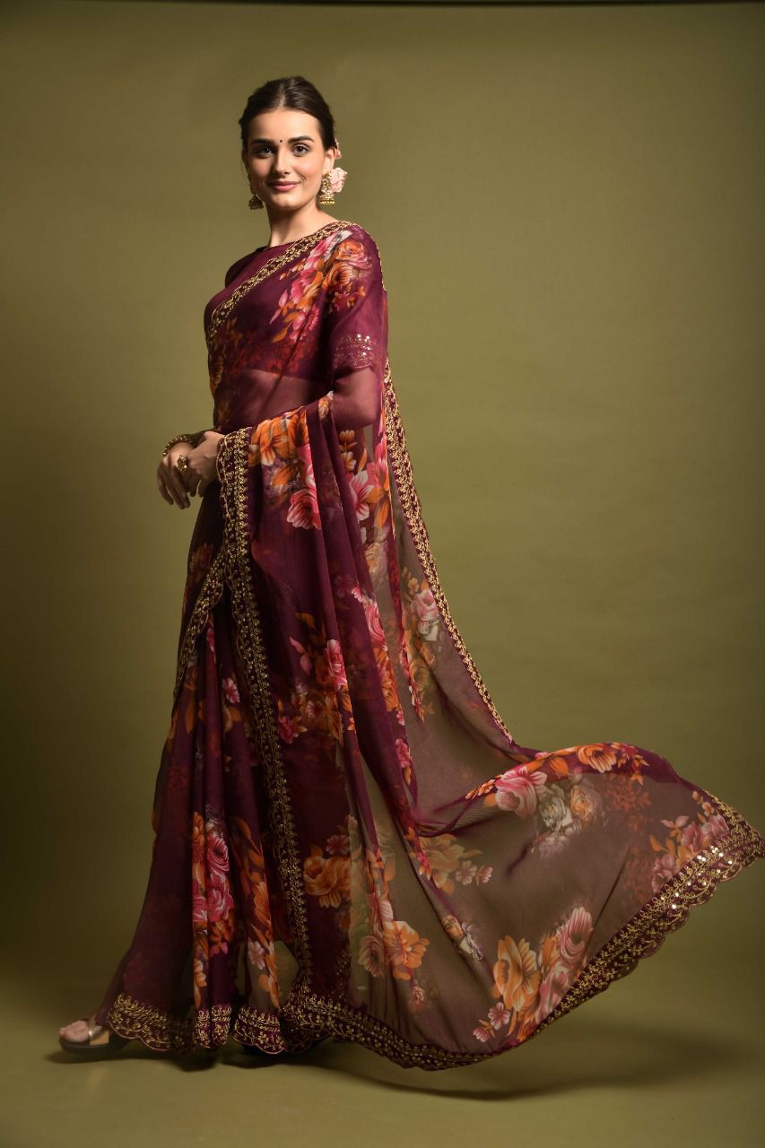 Luxuriant Wine Color Floral Printed Saree