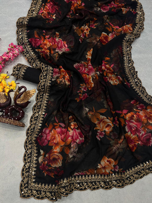 Luxuriant Black Color Floral Printed Saree