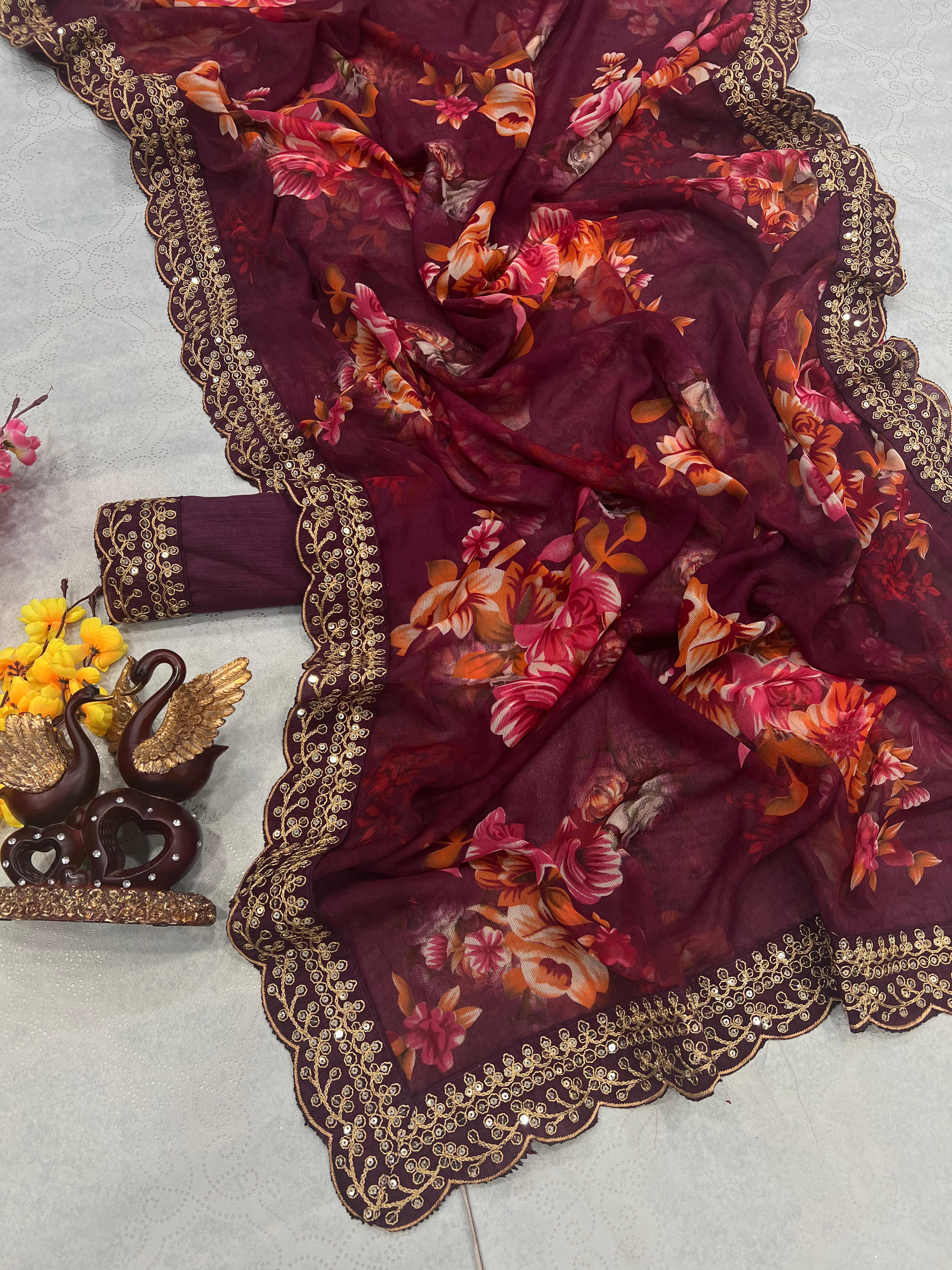 Luxuriant Wine Color Floral Printed Saree