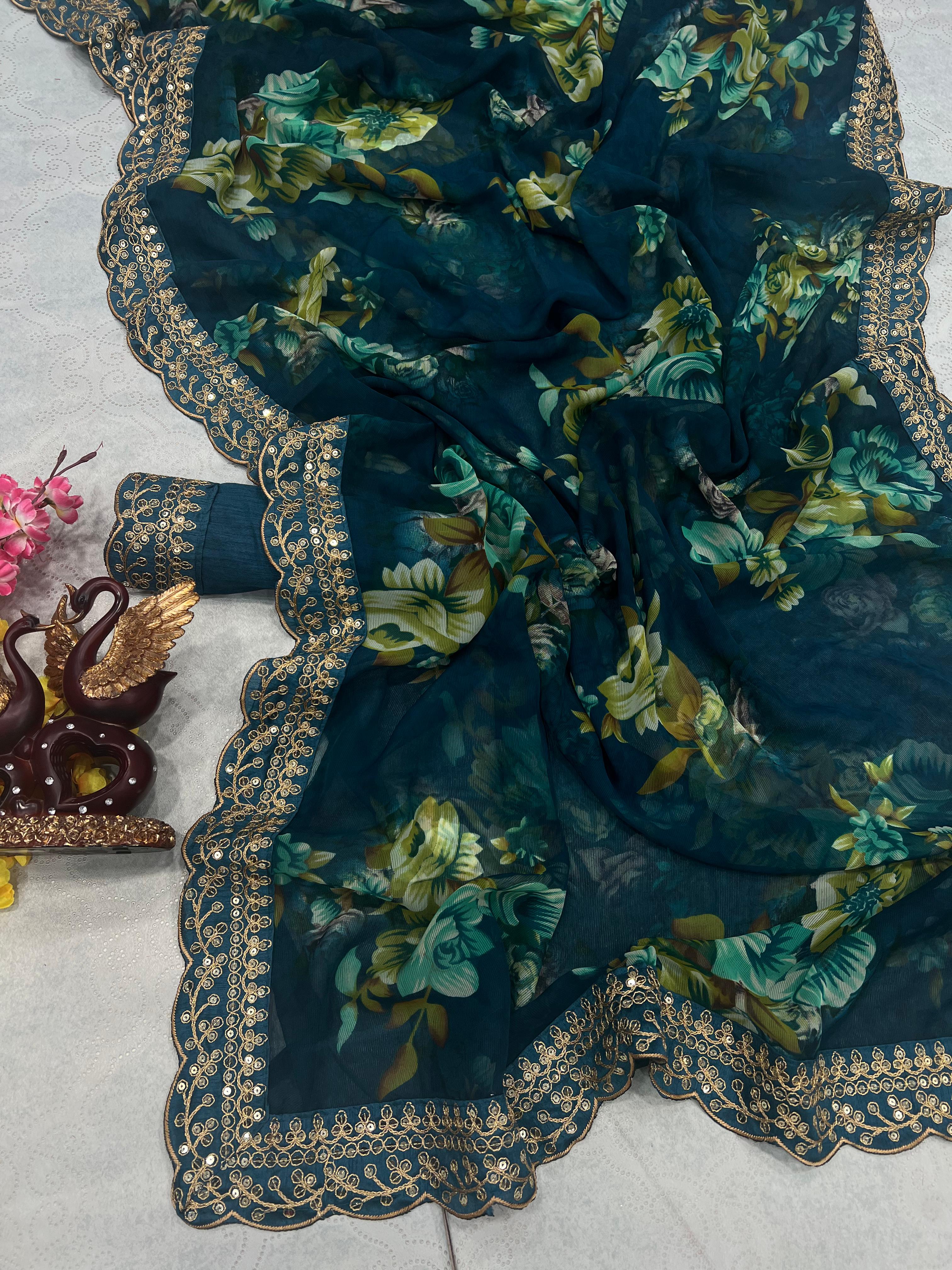 Luxuriant Teal Blue Color Floral Printed Saree