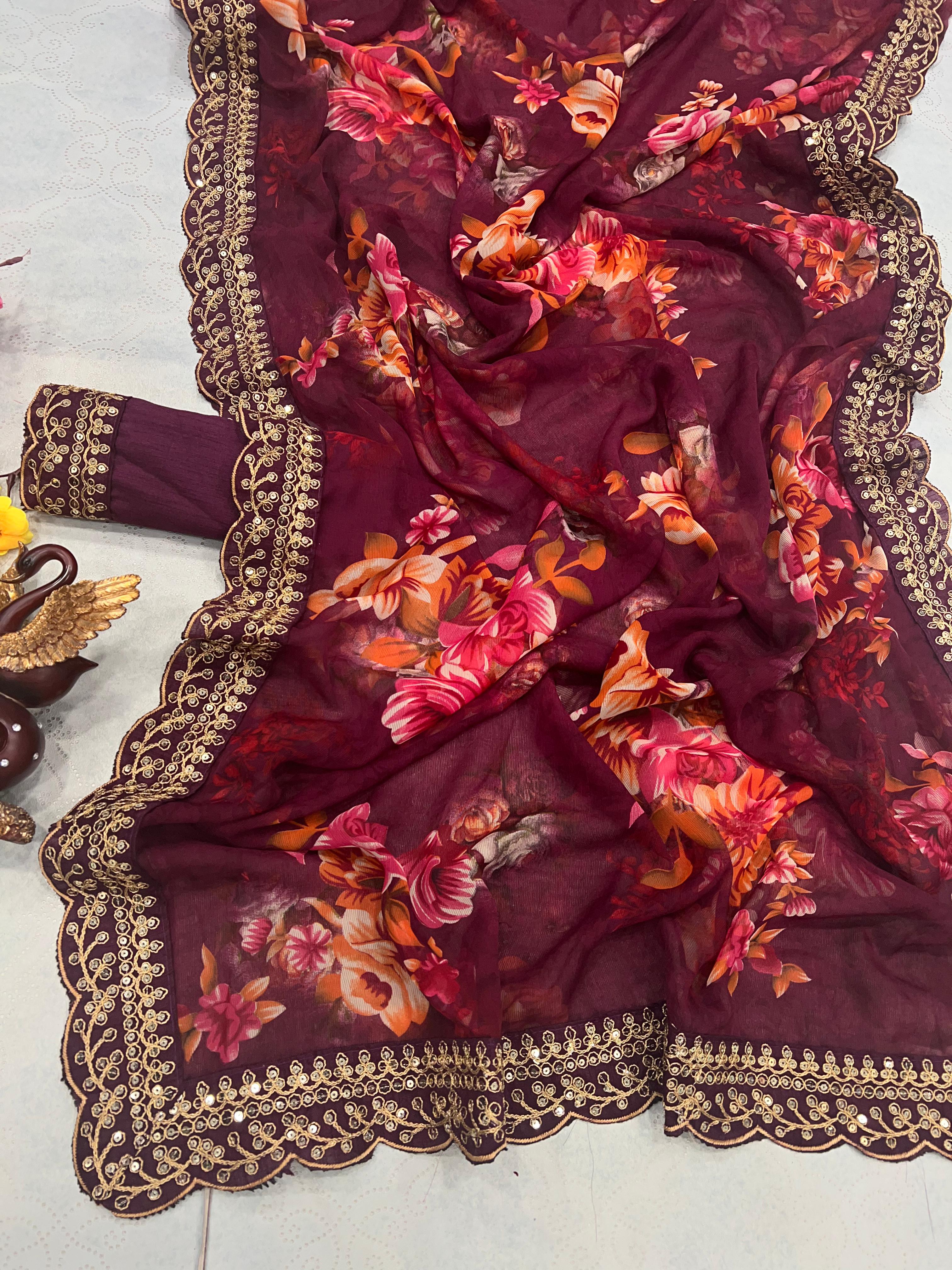 Luxuriant Wine Color Floral Printed Saree