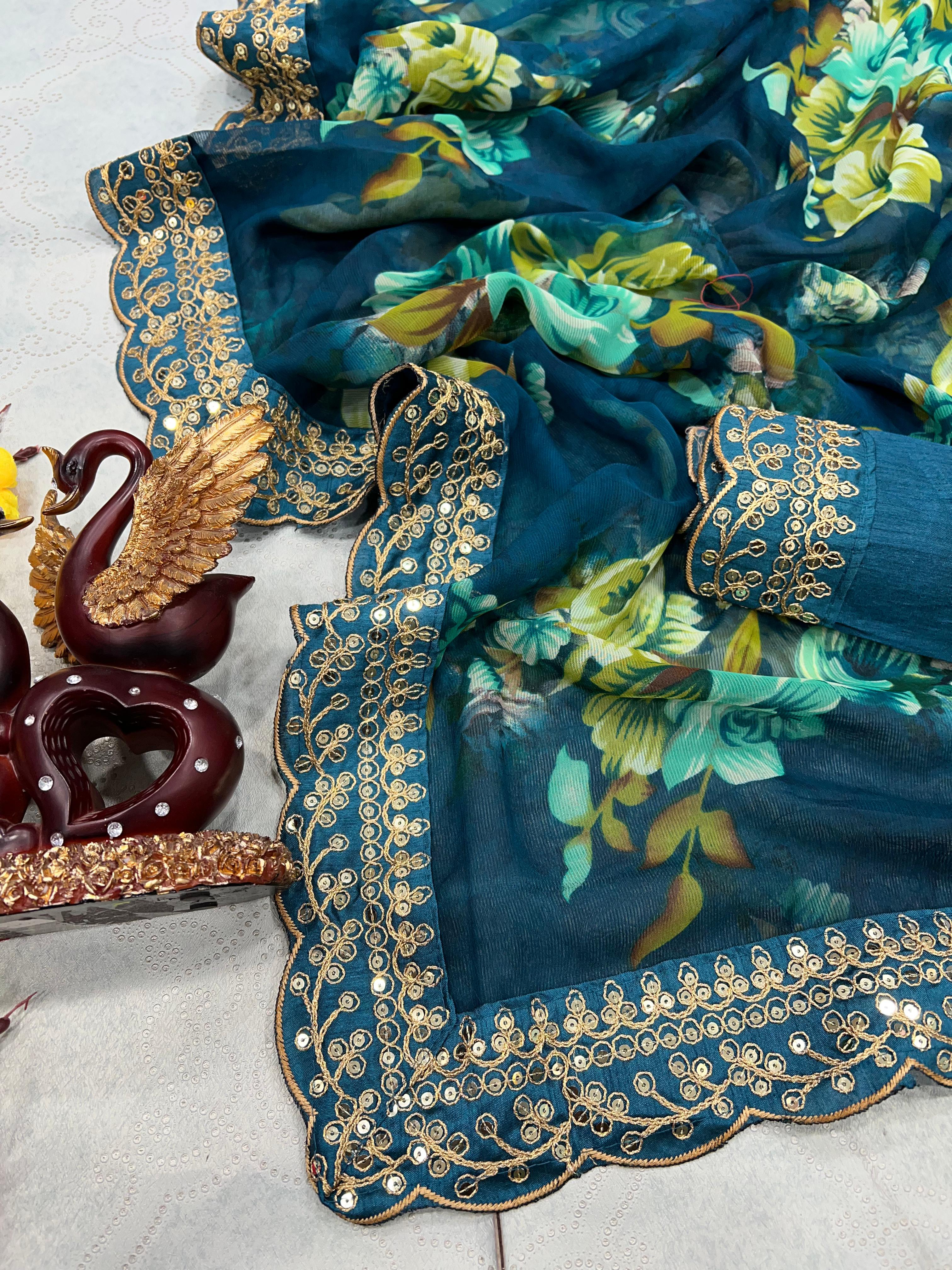 Luxuriant Teal Blue Color Floral Printed Saree