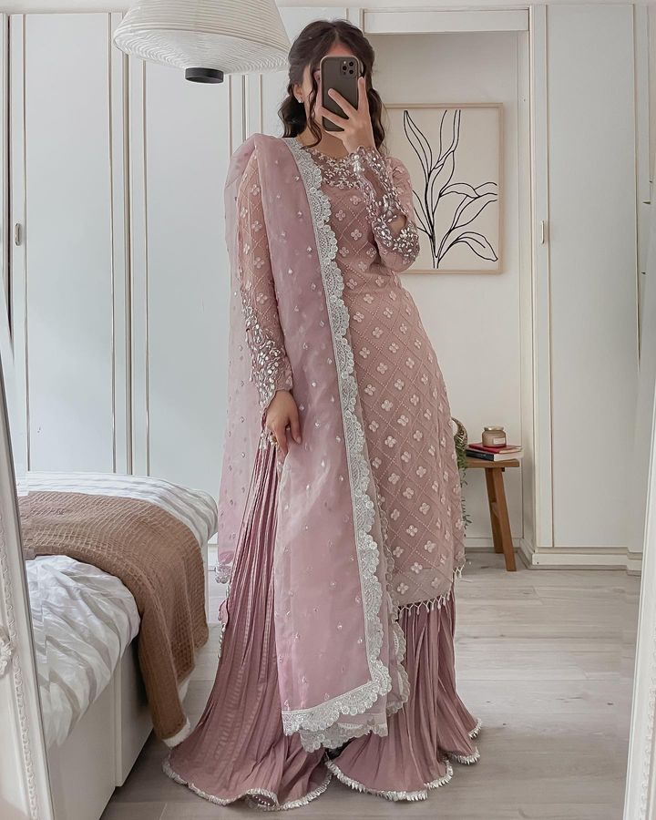 Luxuriant Dusty Pink Sequence Mirror Work Sharara Suit