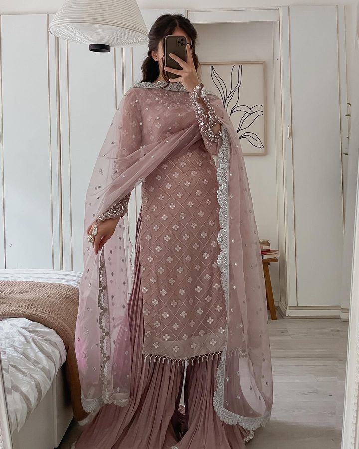 Luxuriant Dusty Pink Sequence Mirror Work Sharara Suit