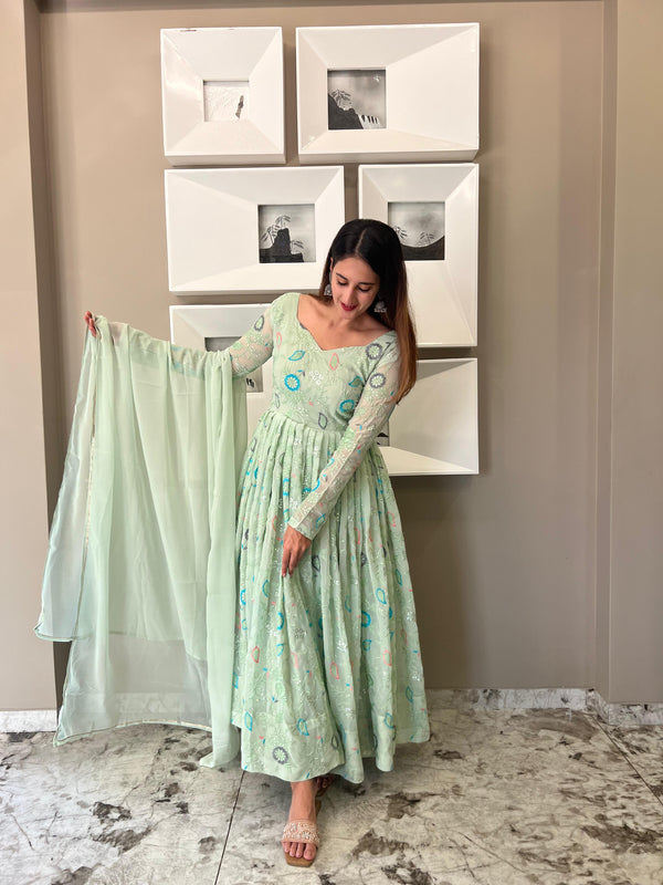 Full Embroidery Work Pista Green Color Anarkali Suit