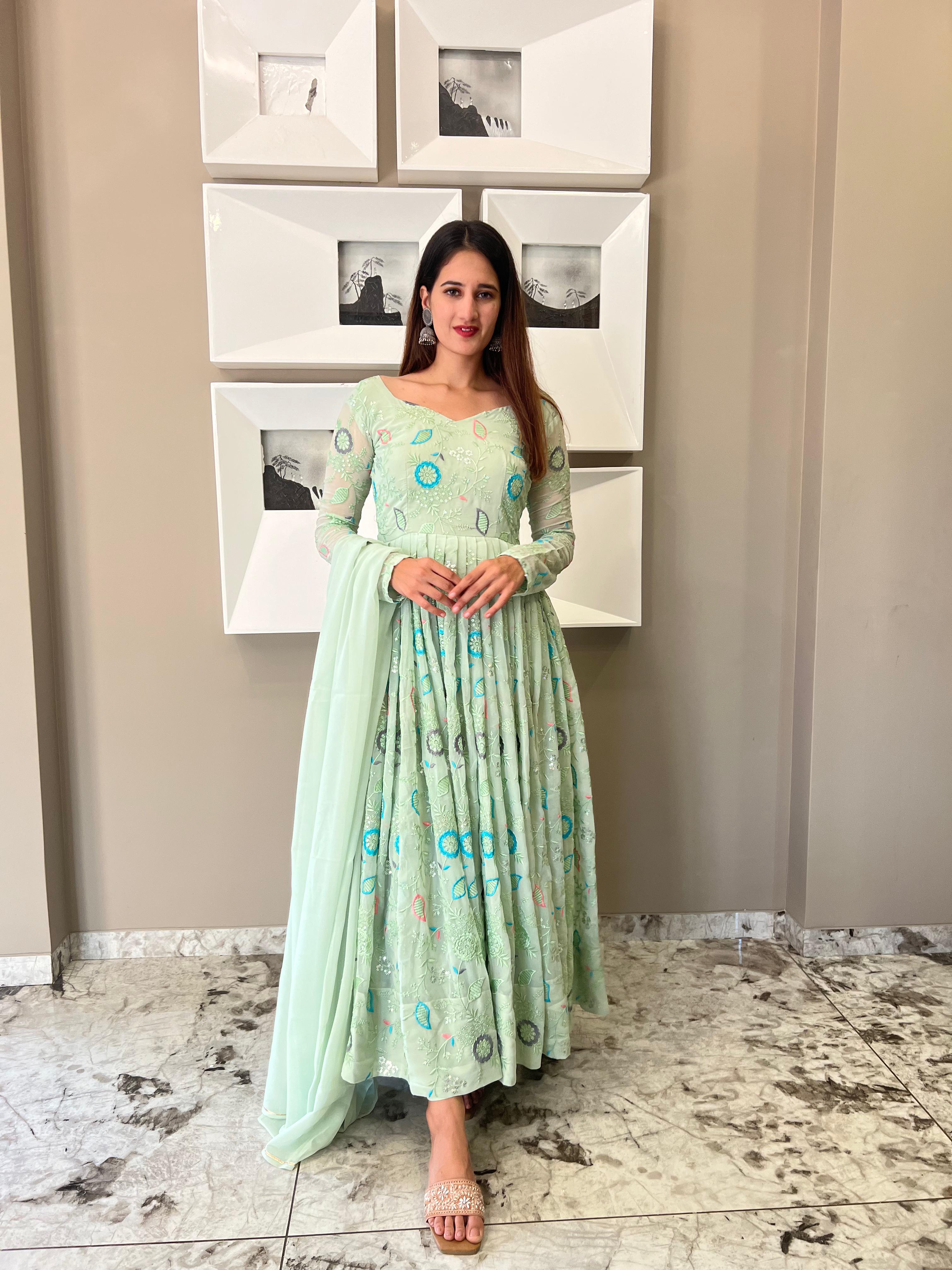 Full Embroidery Work Pista Green Color Anarkali Suit