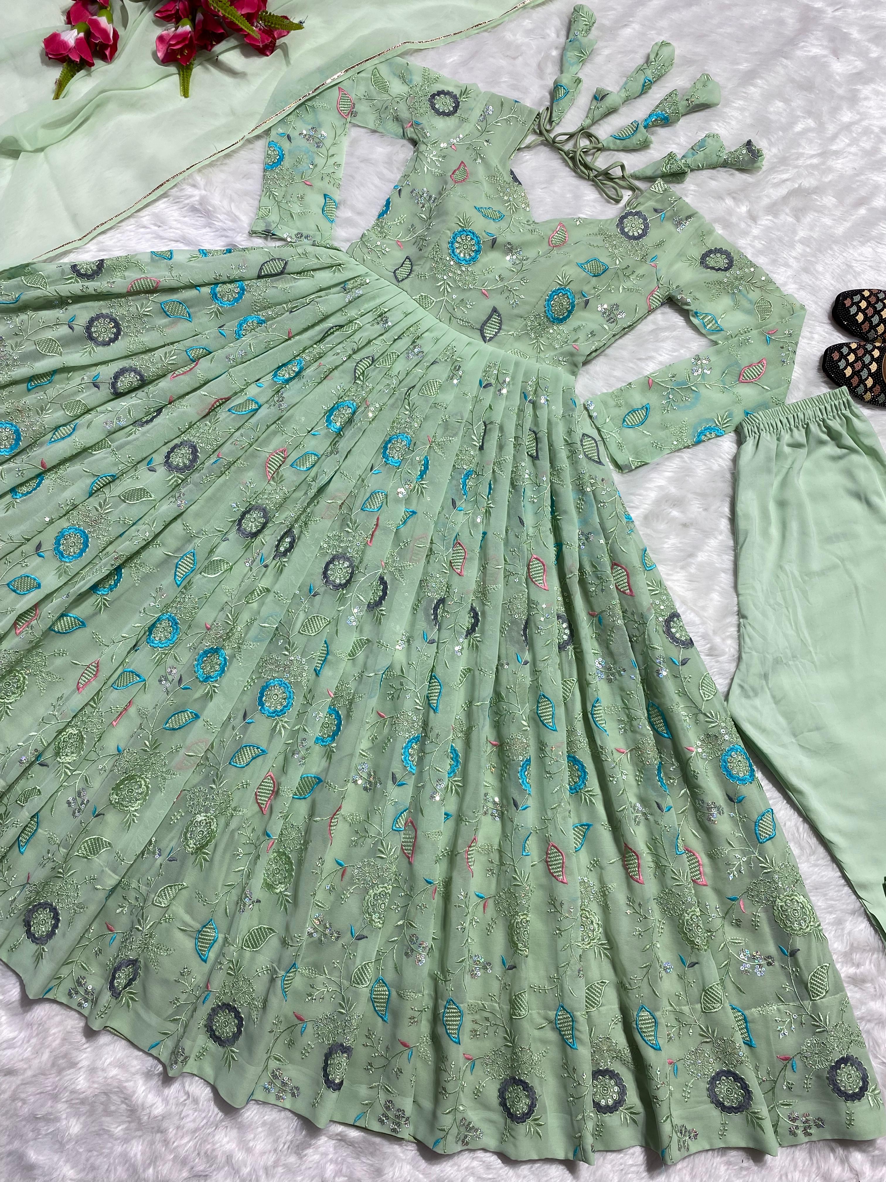 Full Embroidery Work Pista Green Color Anarkali Suit