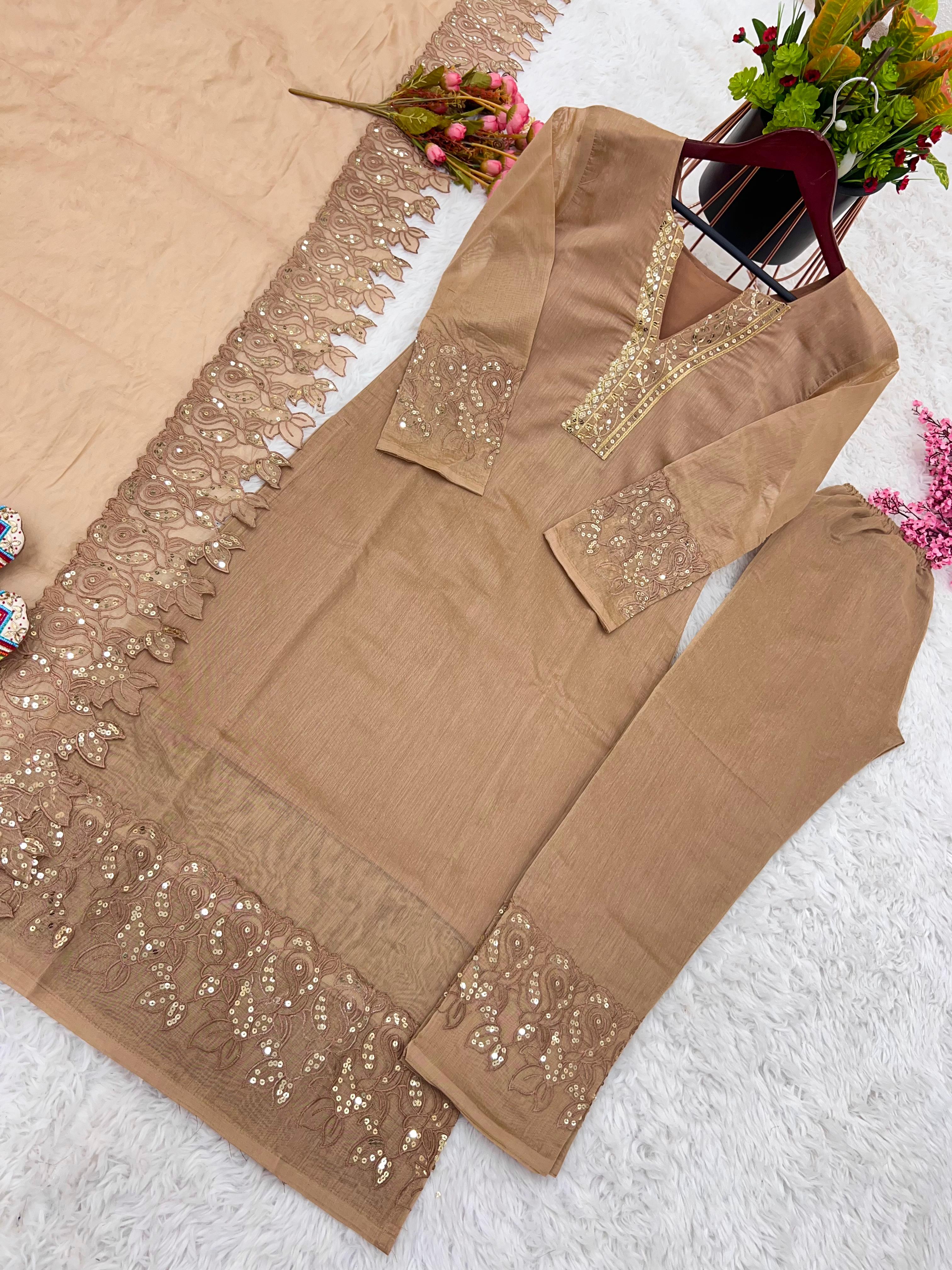 Awesome Chanderi Silk Beige Color Salwar Suit