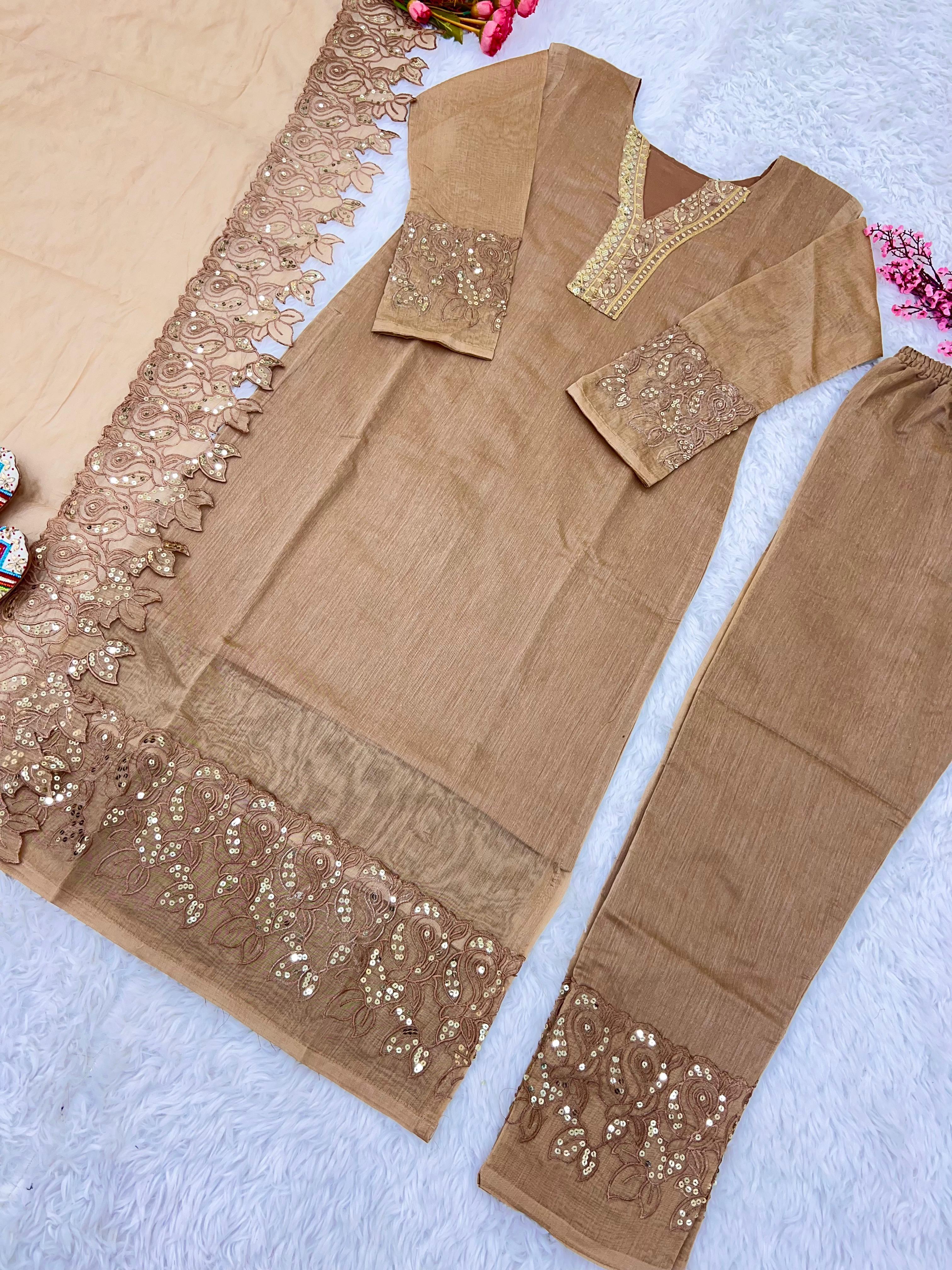 Awesome Chanderi Silk Beige Color Salwar Suit