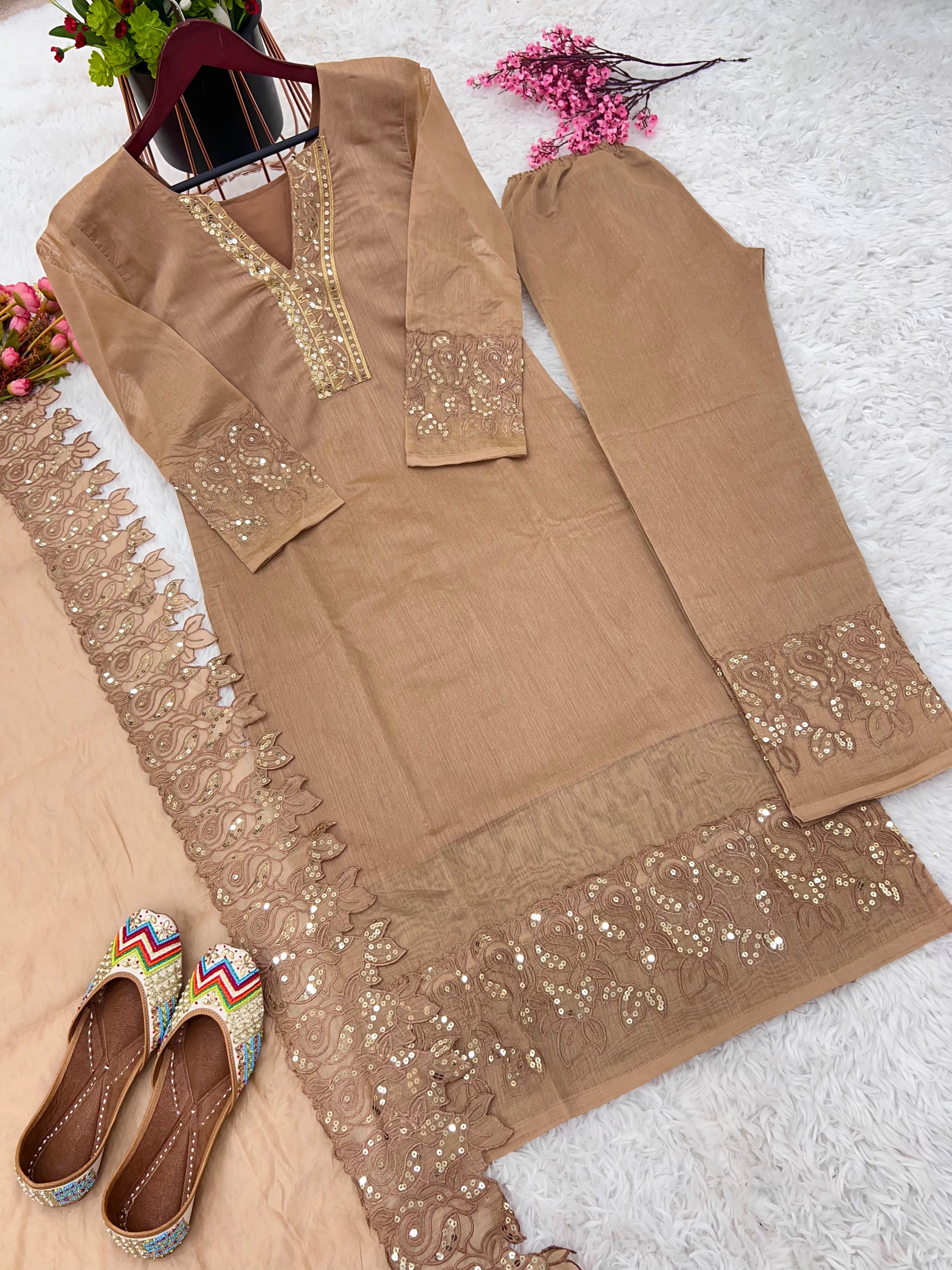 Awesome Chanderi Silk Beige Color Salwar Suit