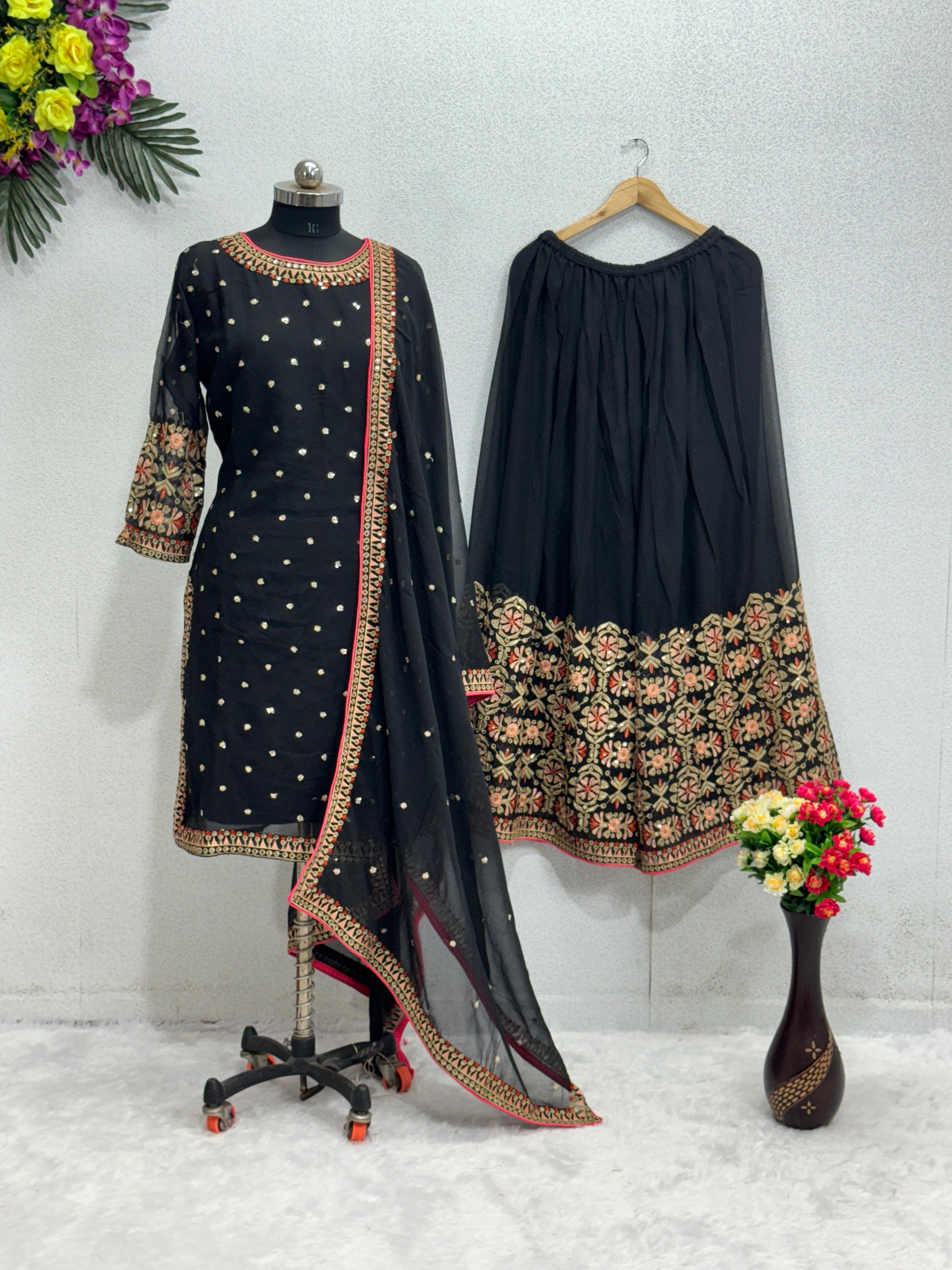 Black Color Embroidery Sequence Work Sharara Suit