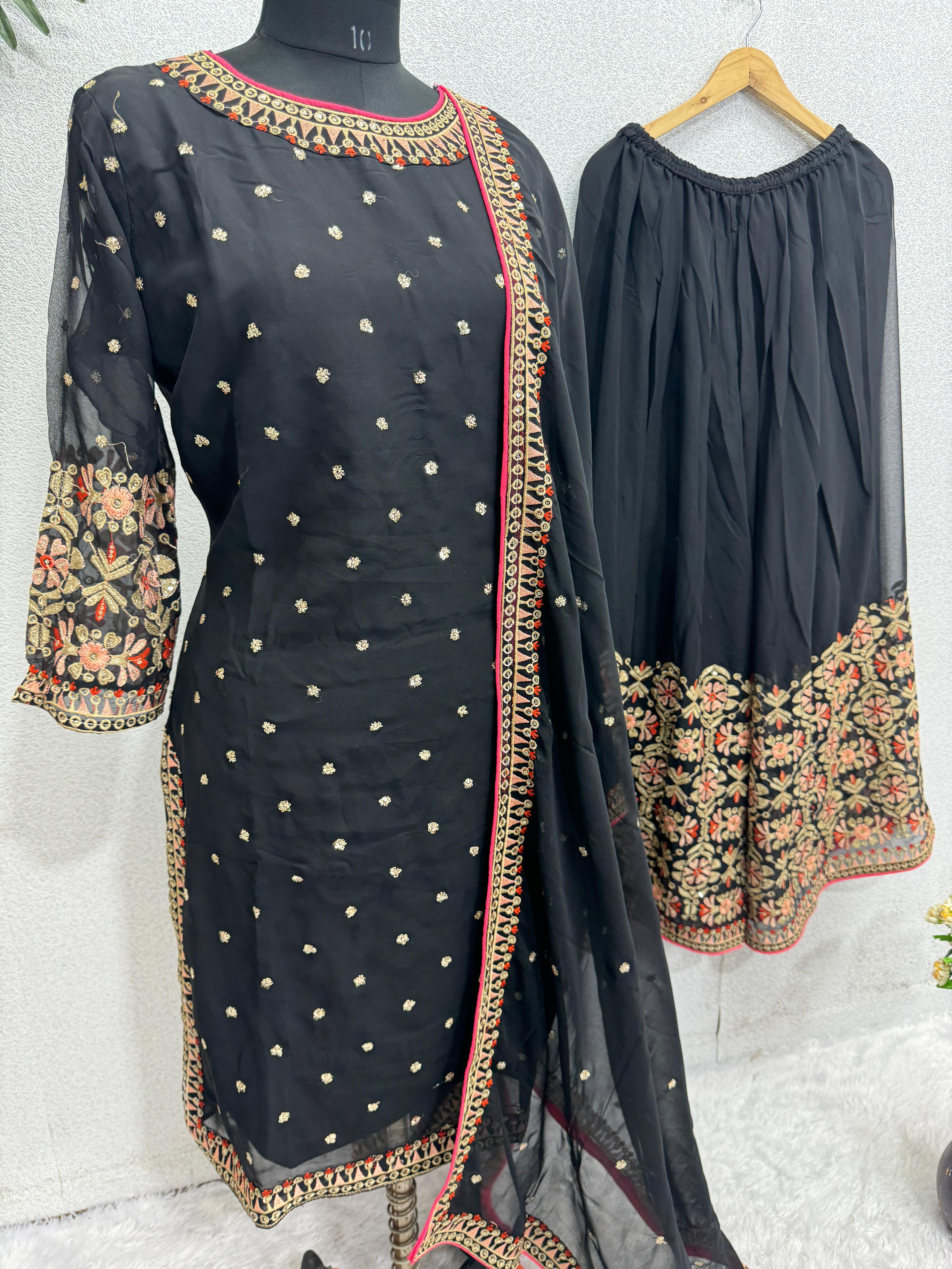 Black Color Embroidery Sequence Work Sharara Suit