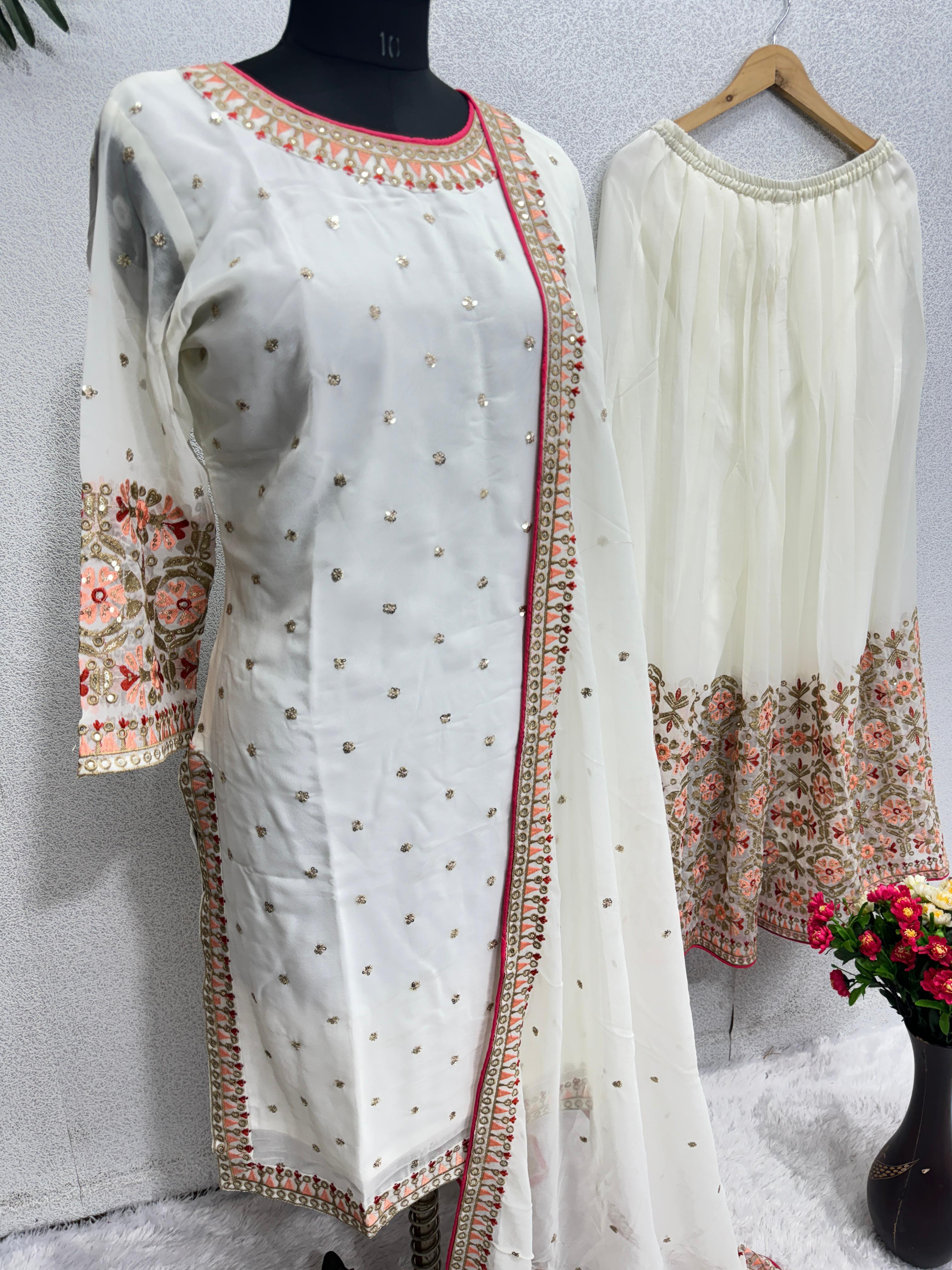 White Color Embroidery Sequence Work Sharara Suit