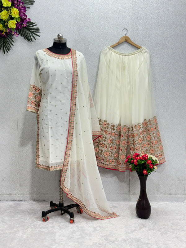 White Color Embroidery Sequence Work Sharara Suit