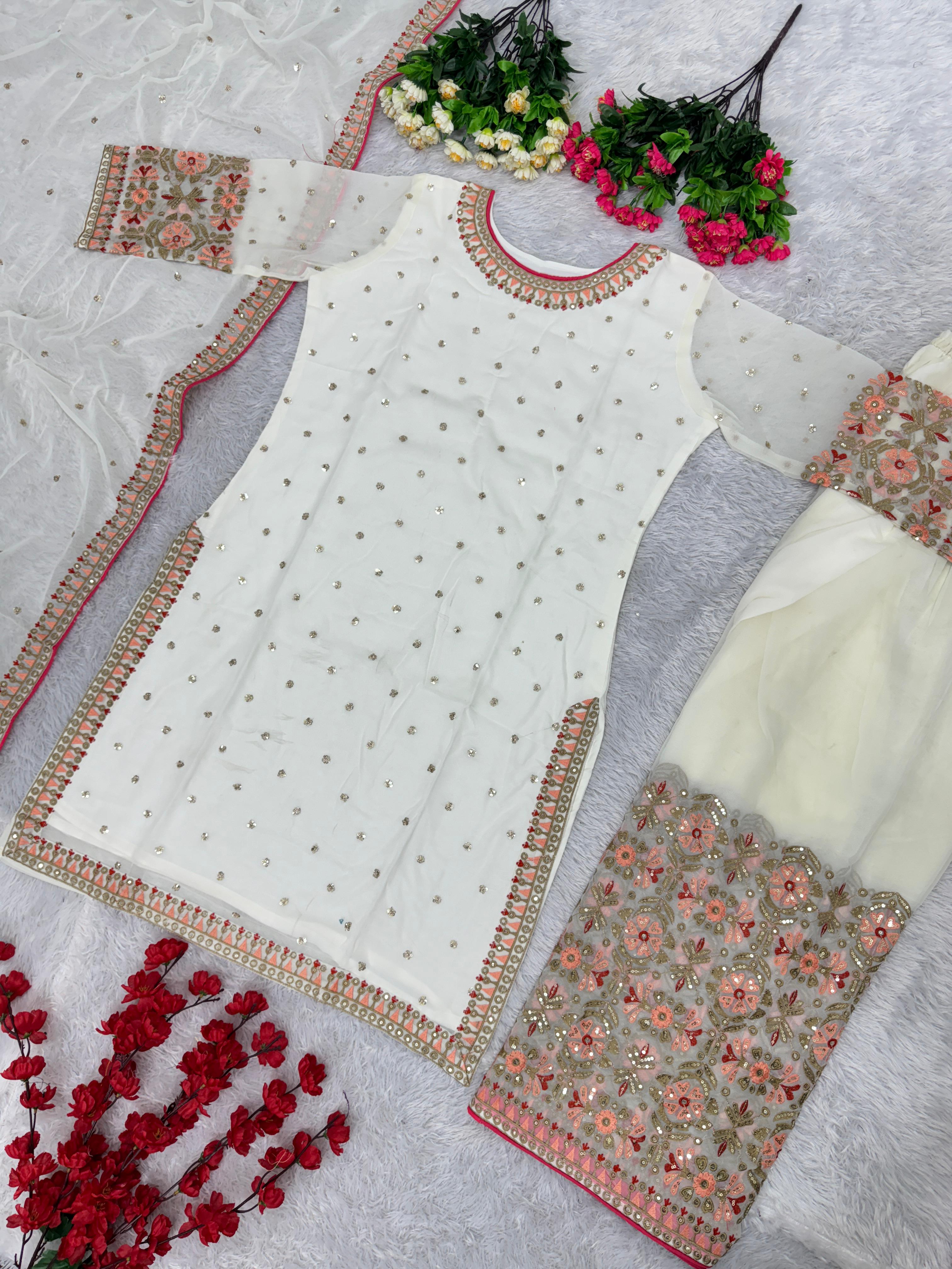 White Color Embroidery Sequence Work Sharara Suit