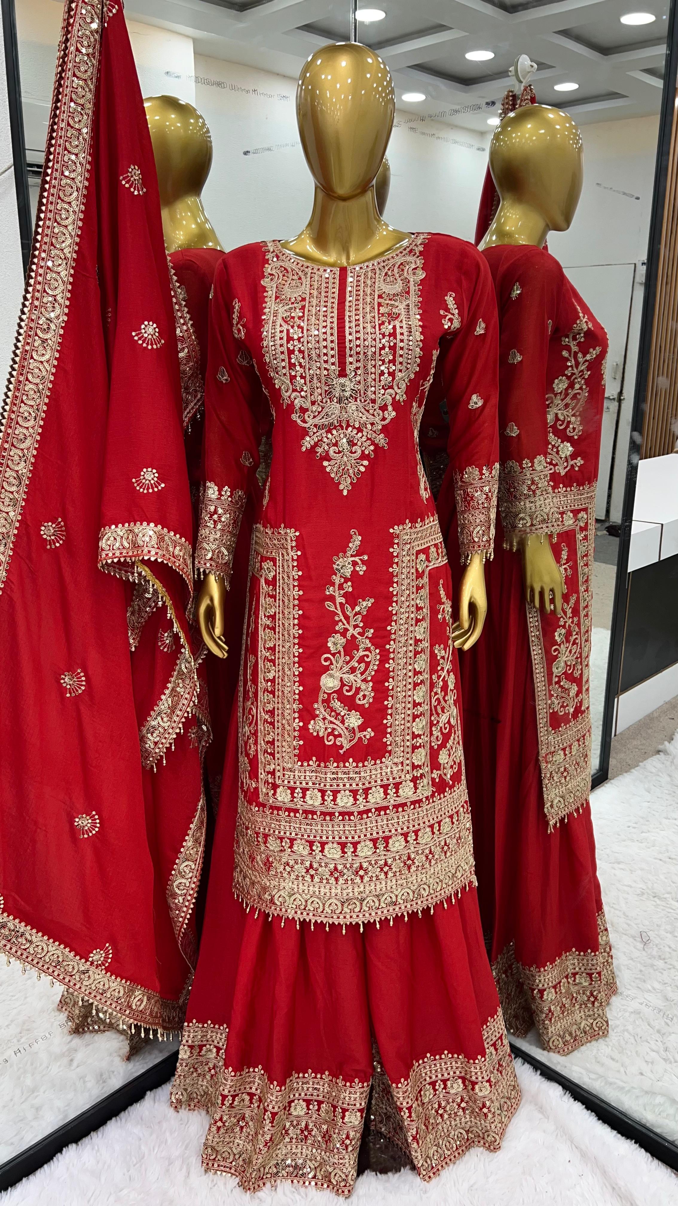 Awesome Red Color Embroidery Work Palazzo Suit