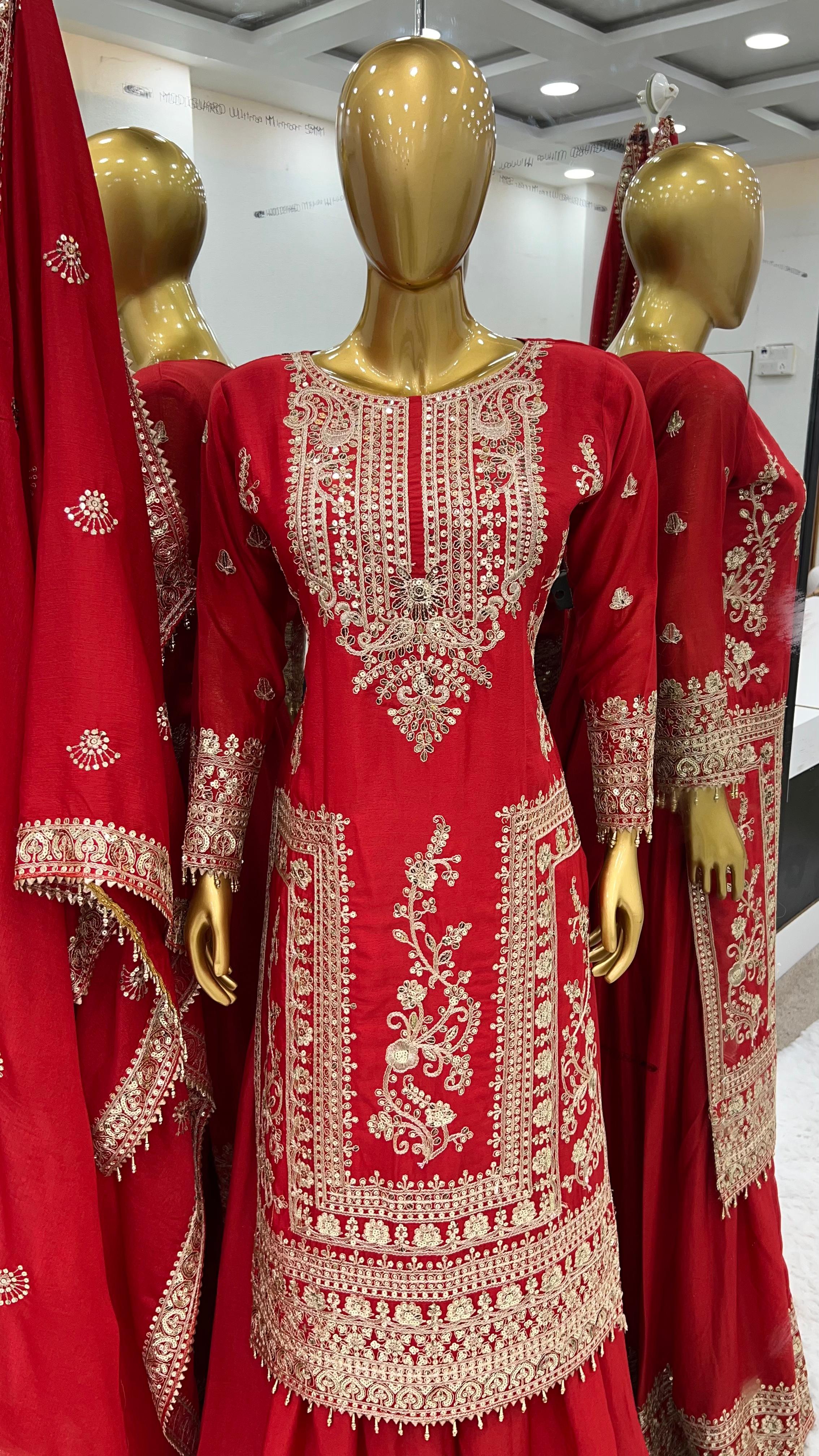 Awesome Red Color Embroidery Work Palazzo Suit