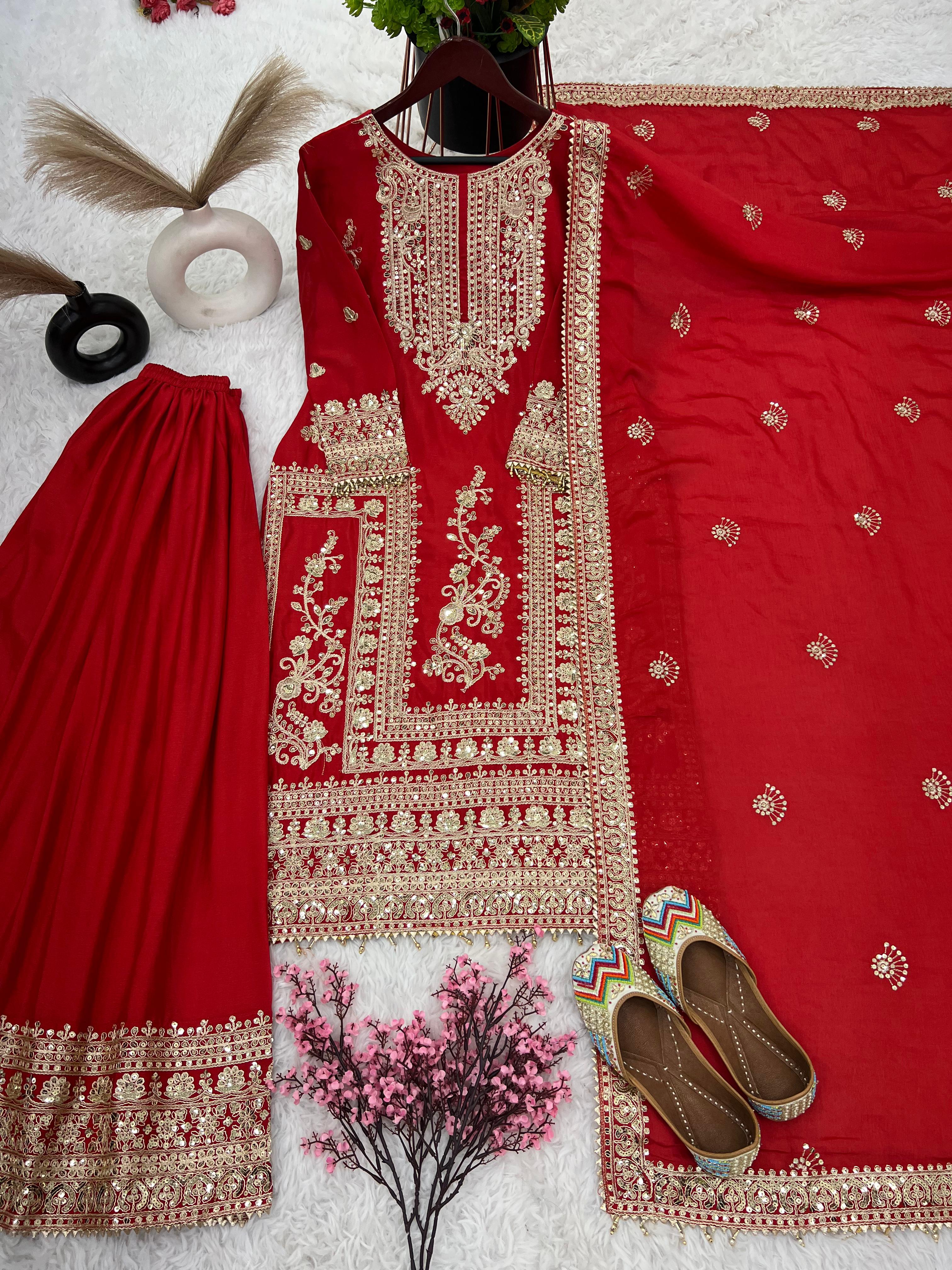 Awesome Red Color Embroidery Work Palazzo Suit