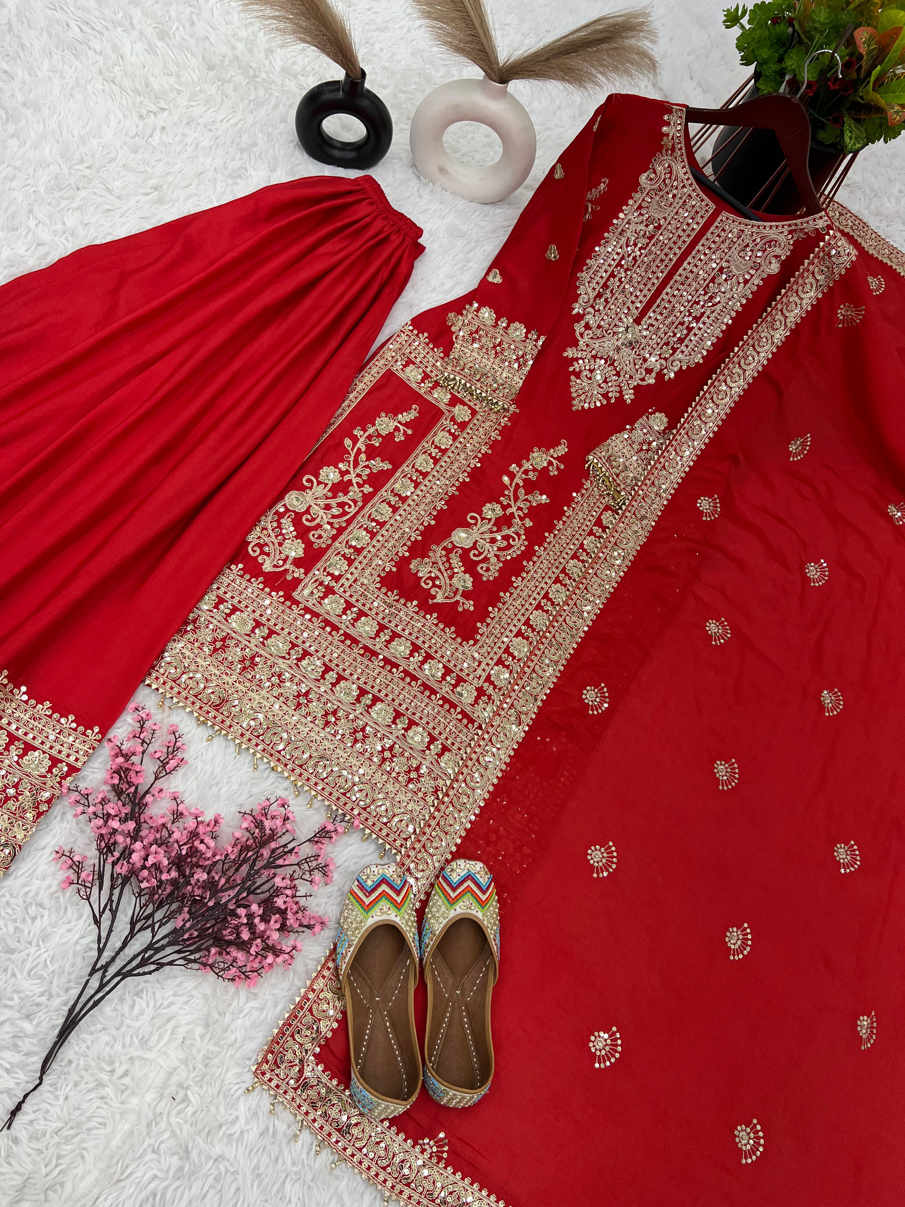 Awesome Red Color Embroidery Work Palazzo Suit