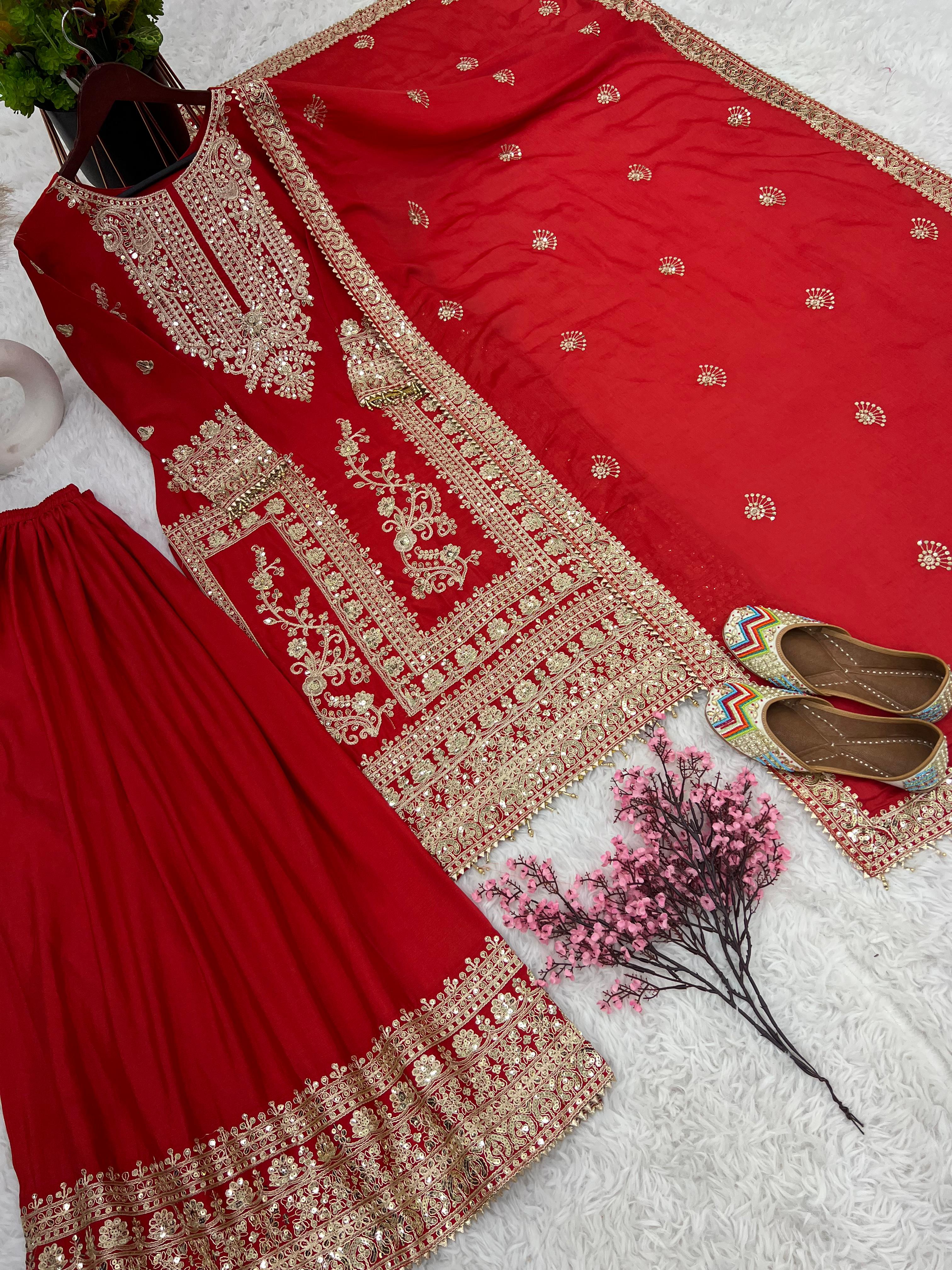 Awesome Red Color Embroidery Work Palazzo Suit