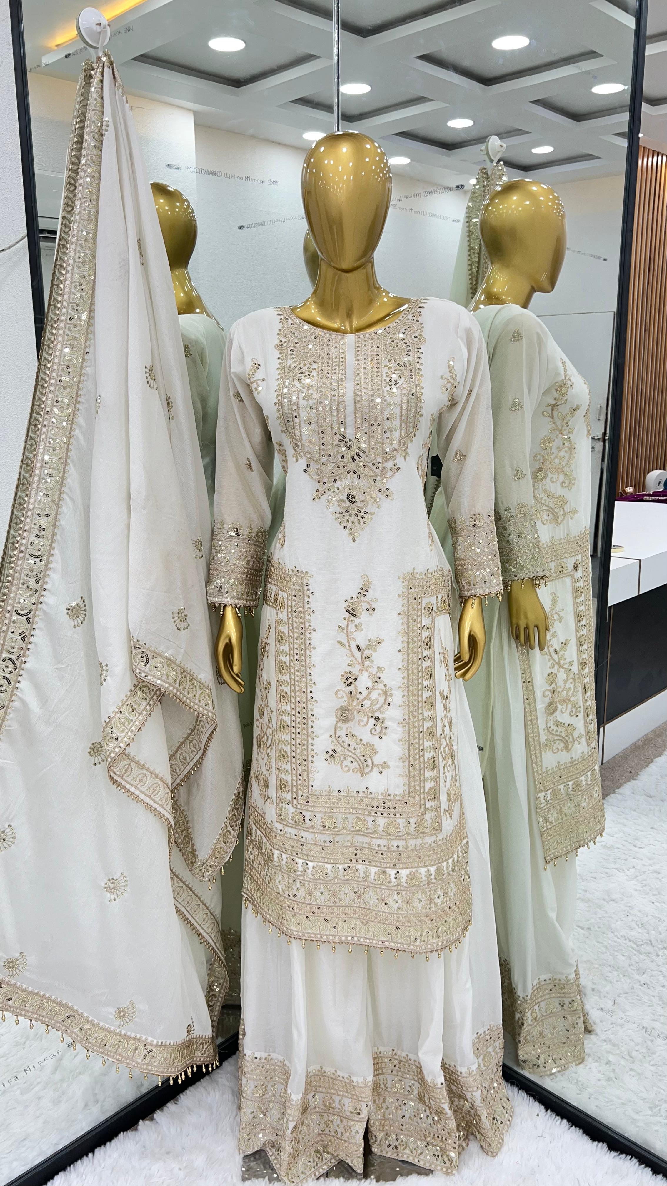 Awesome White Color Embroidery Work Palazzo Suit