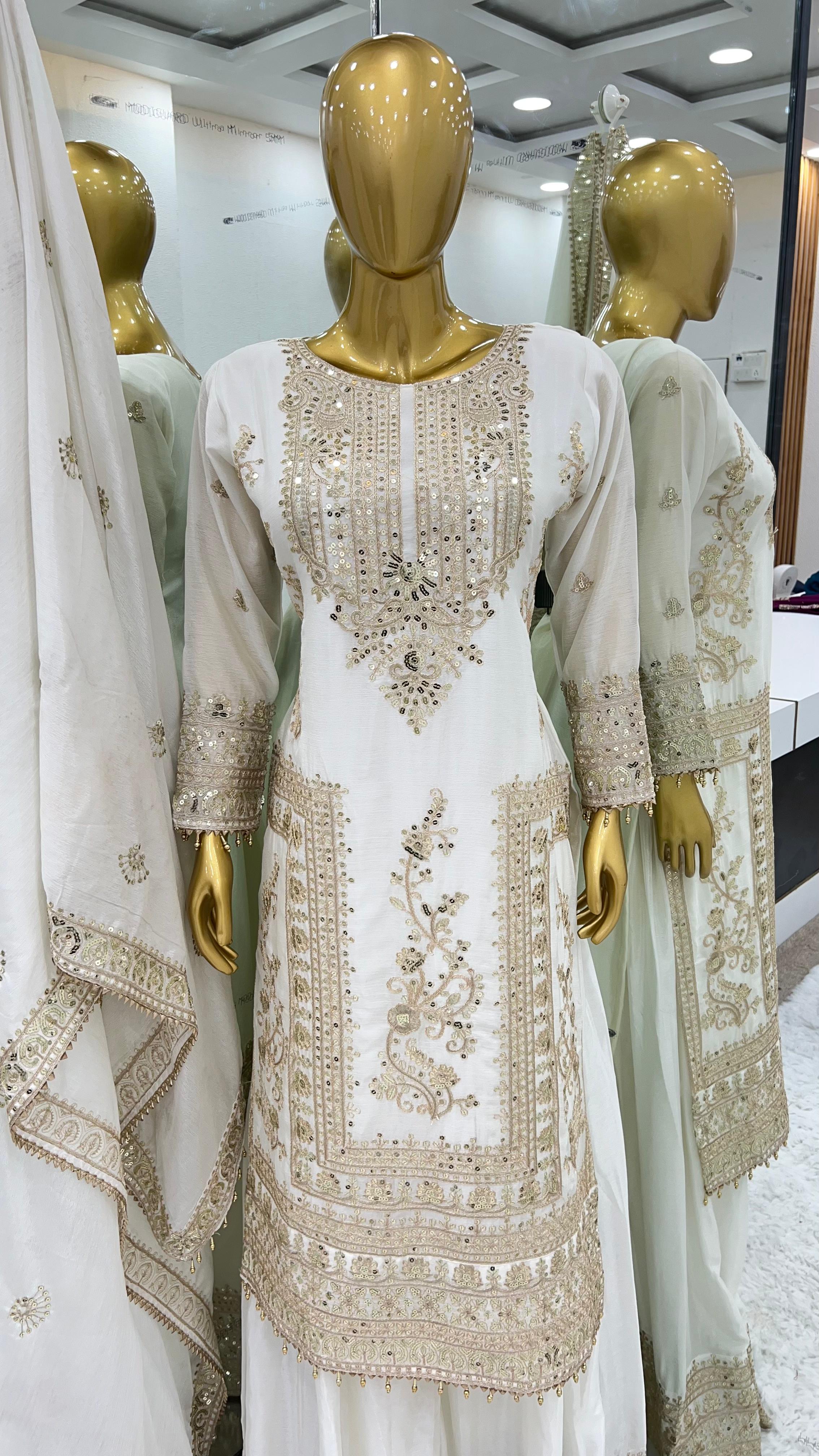 Awesome White Color Embroidery Work Palazzo Suit