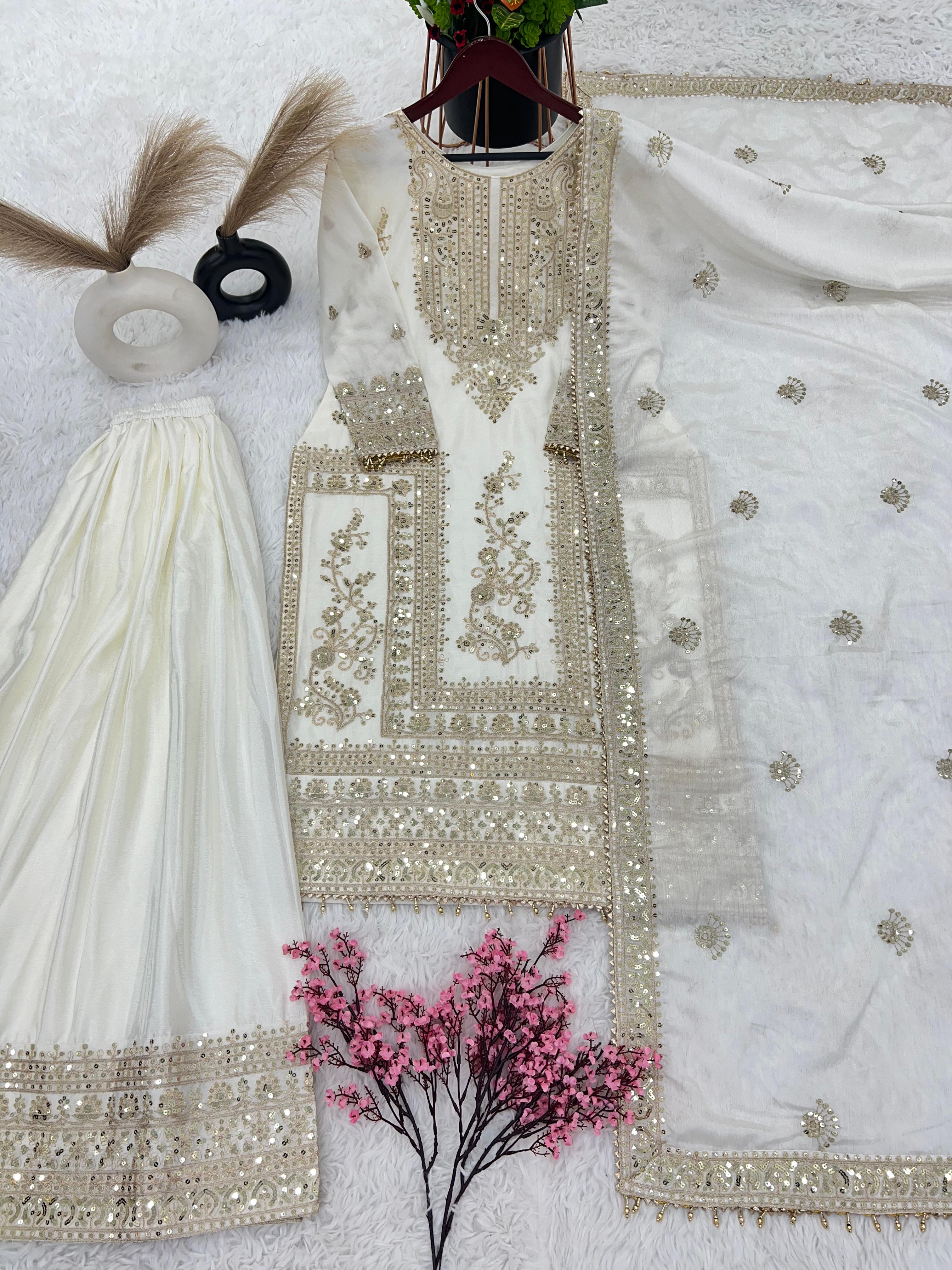 Awesome White Color Embroidery Work Palazzo Suit