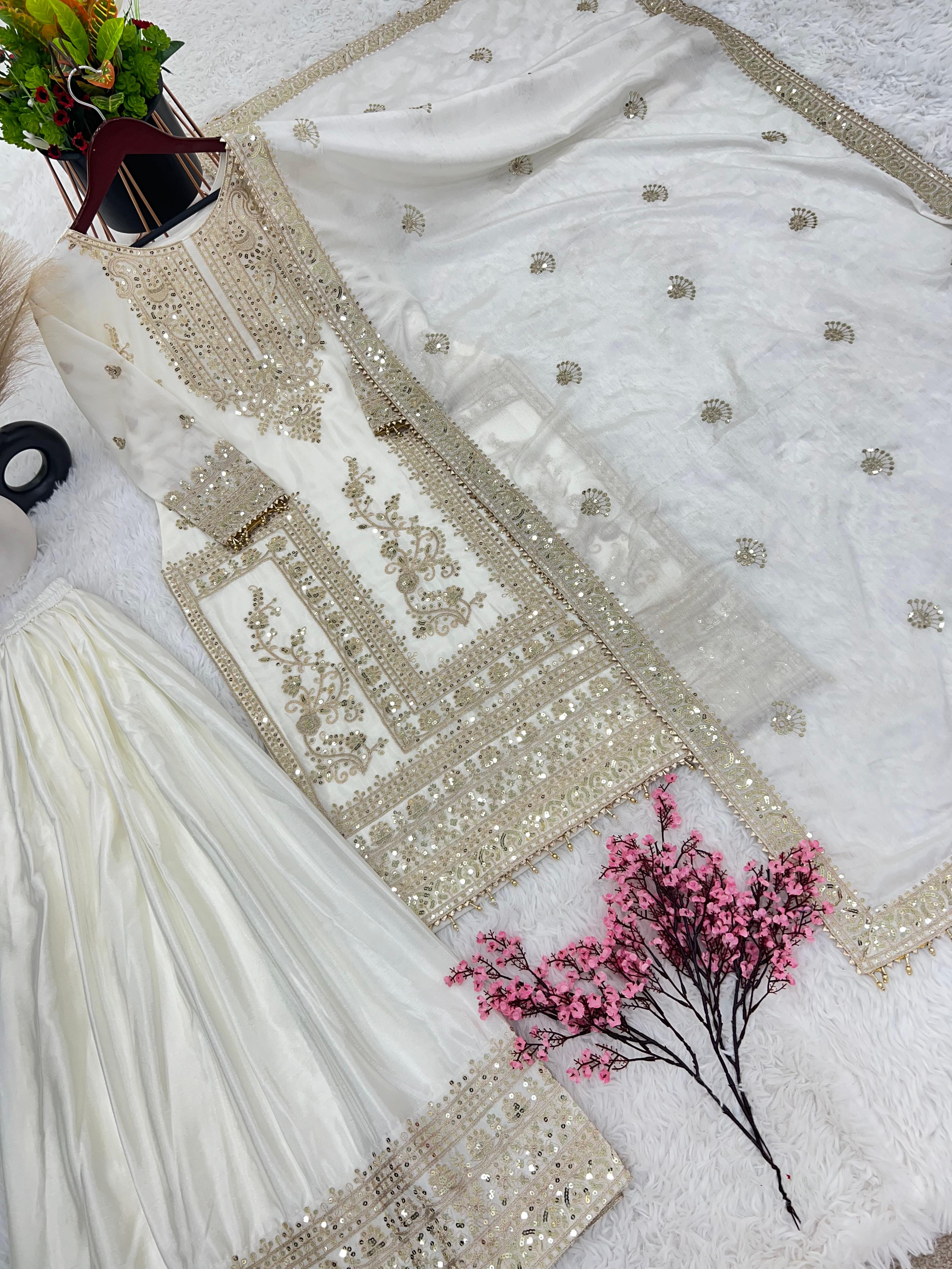 Awesome White Color Embroidery Work Palazzo Suit