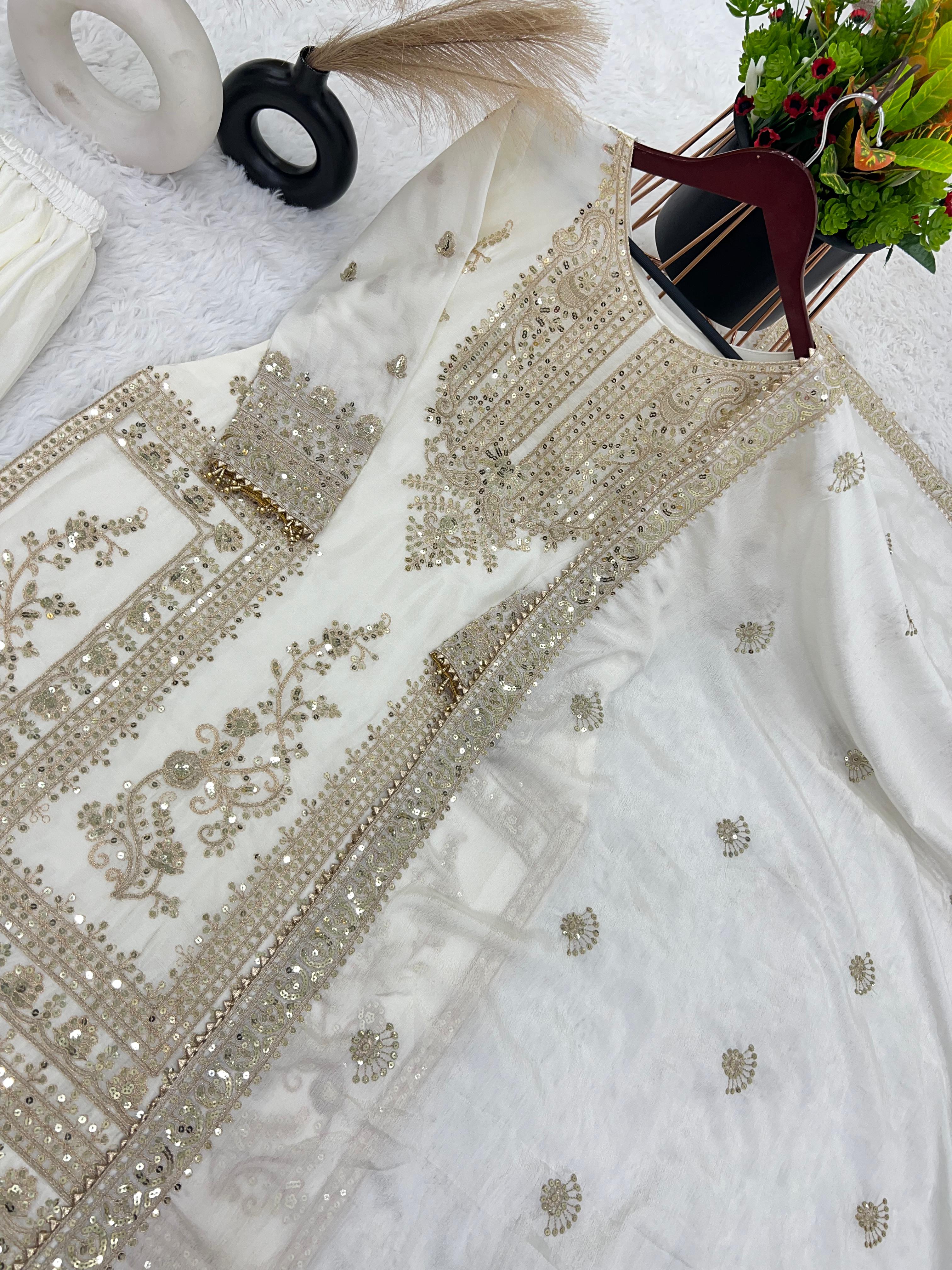 Awesome White Color Embroidery Work Palazzo Suit