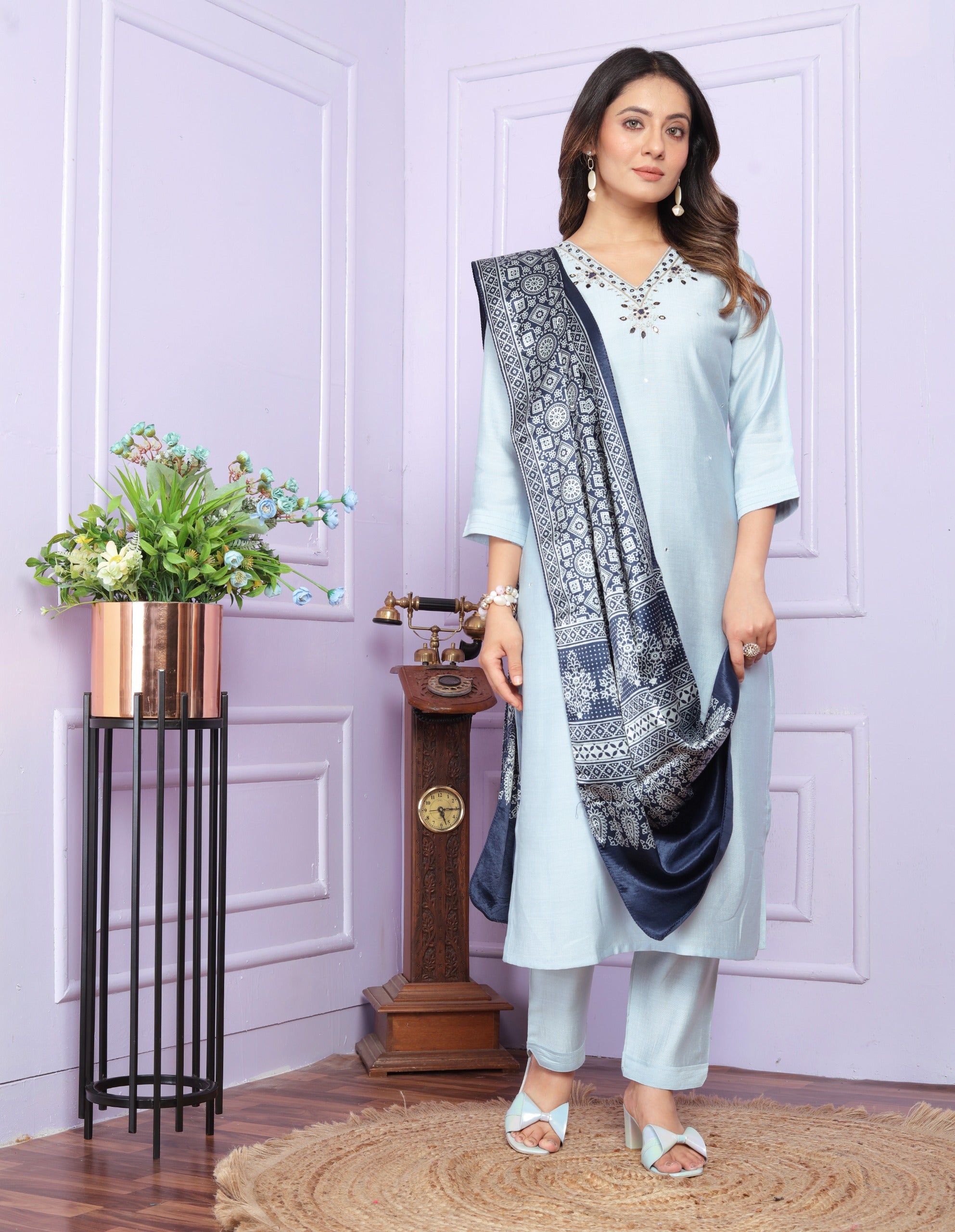 Wonderful Sky Blue Color Kurti Set With Silk Dupatta