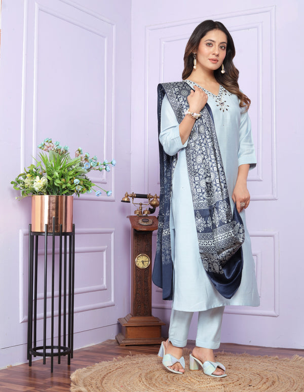 Wonderful Sky Blue Color Kurti Set With Silk Dupatta