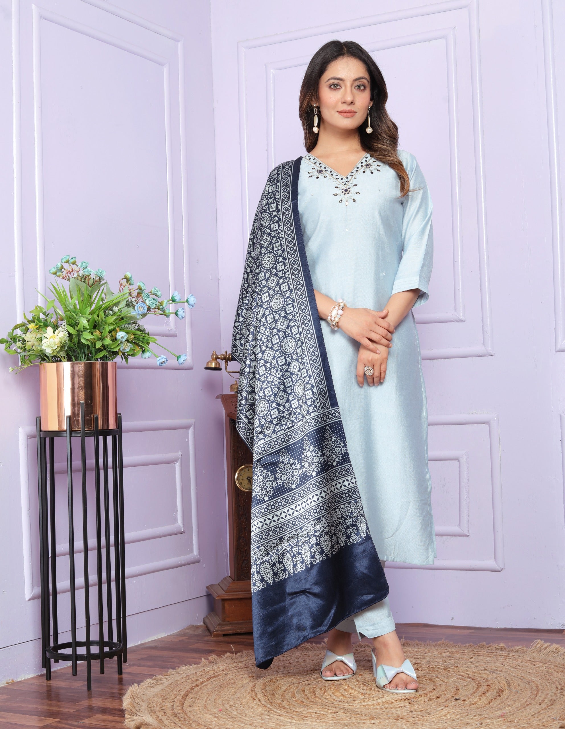 Wonderful Sky Blue Color Kurti Set With Silk Dupatta