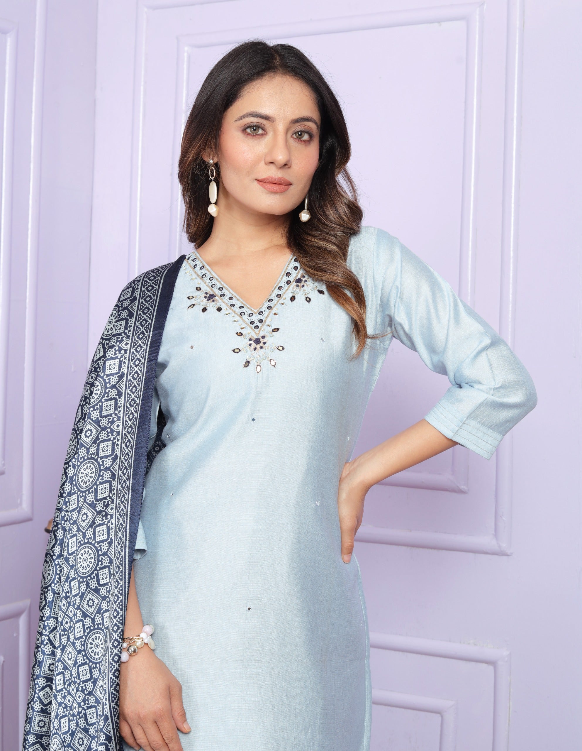 Wonderful Sky Blue Color Kurti Set With Silk Dupatta