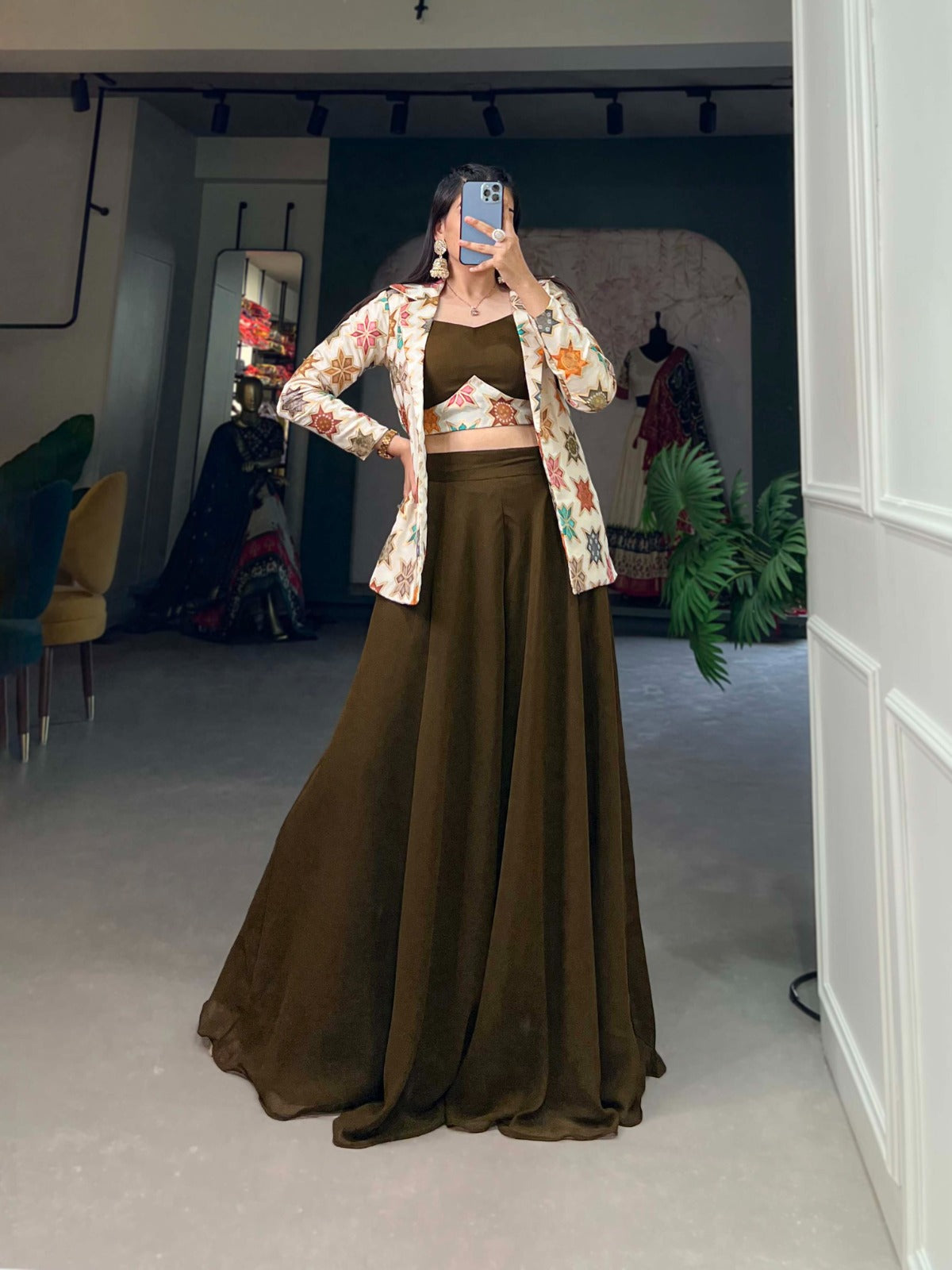 Function Wear Brown Color Palazzo Top With Shrug