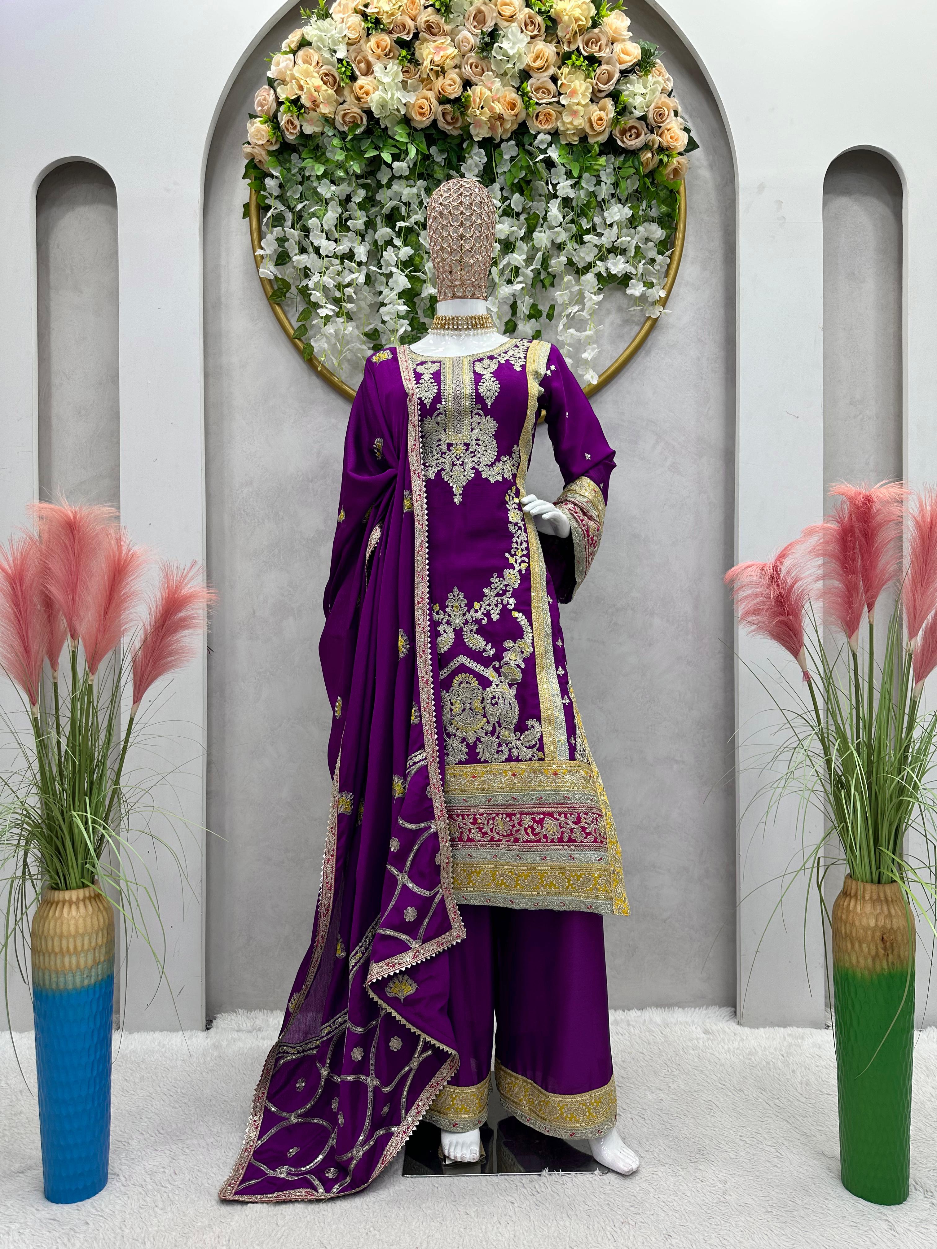 Awesome Sequence Thread Work Purple Color Pakistani Suit