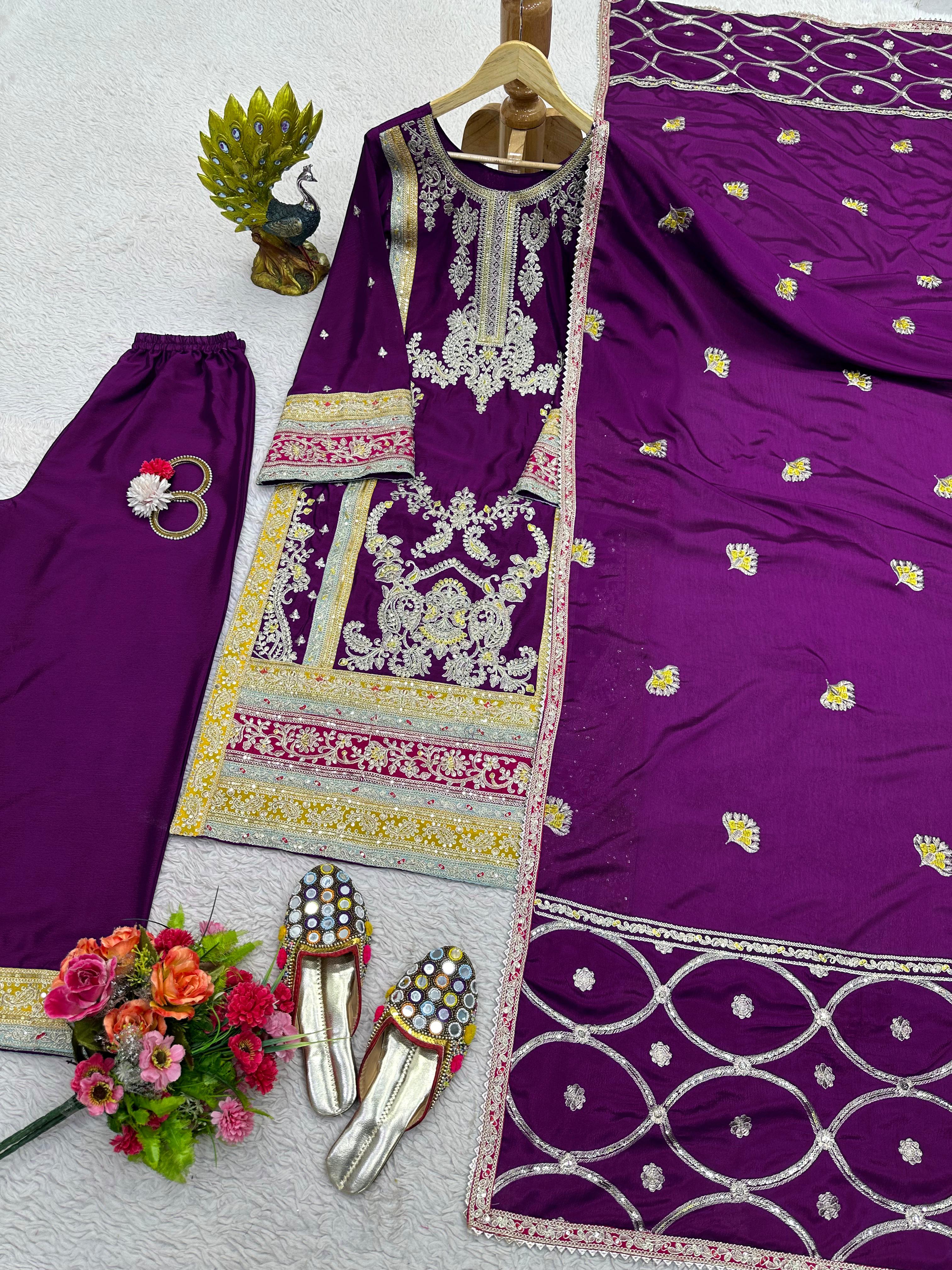 Awesome Sequence Thread Work Purple Color Pakistani Suit