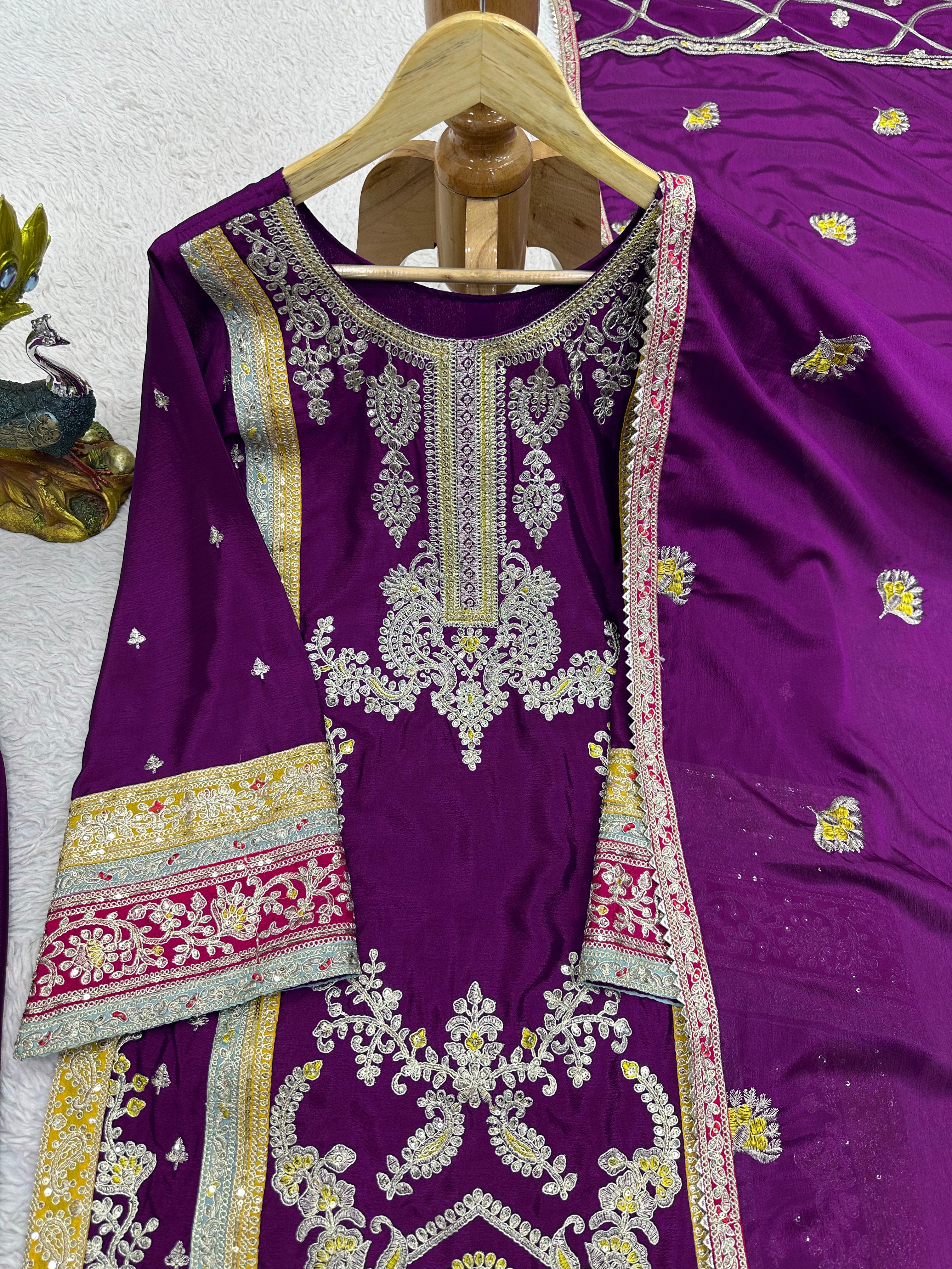 Awesome Sequence Thread Work Purple Color Pakistani Suit