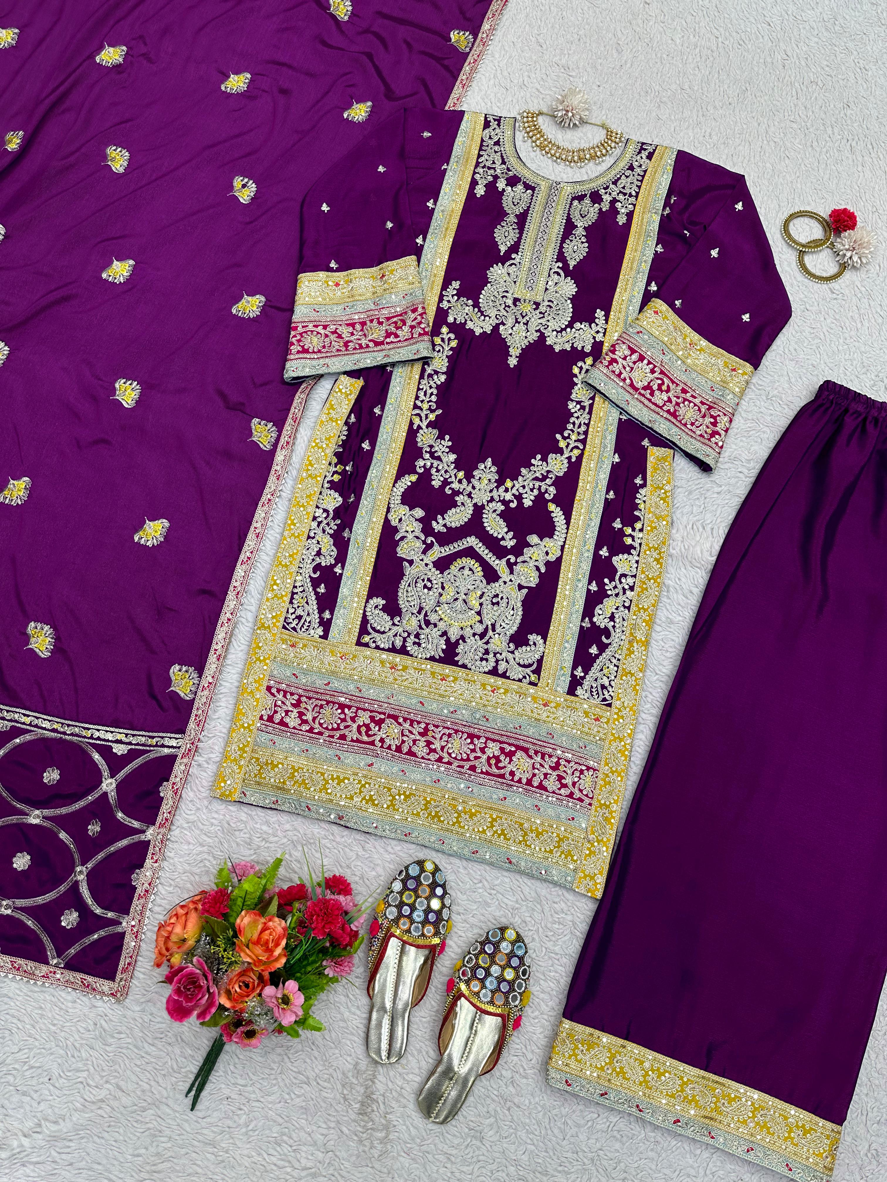 Awesome Sequence Thread Work Purple Color Pakistani Suit