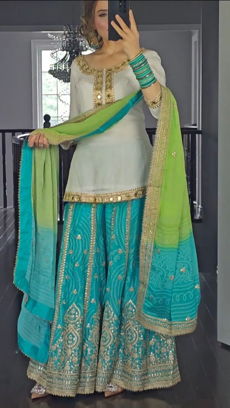 Awesome Sequence Work Sky Blue Color Sharara Suit