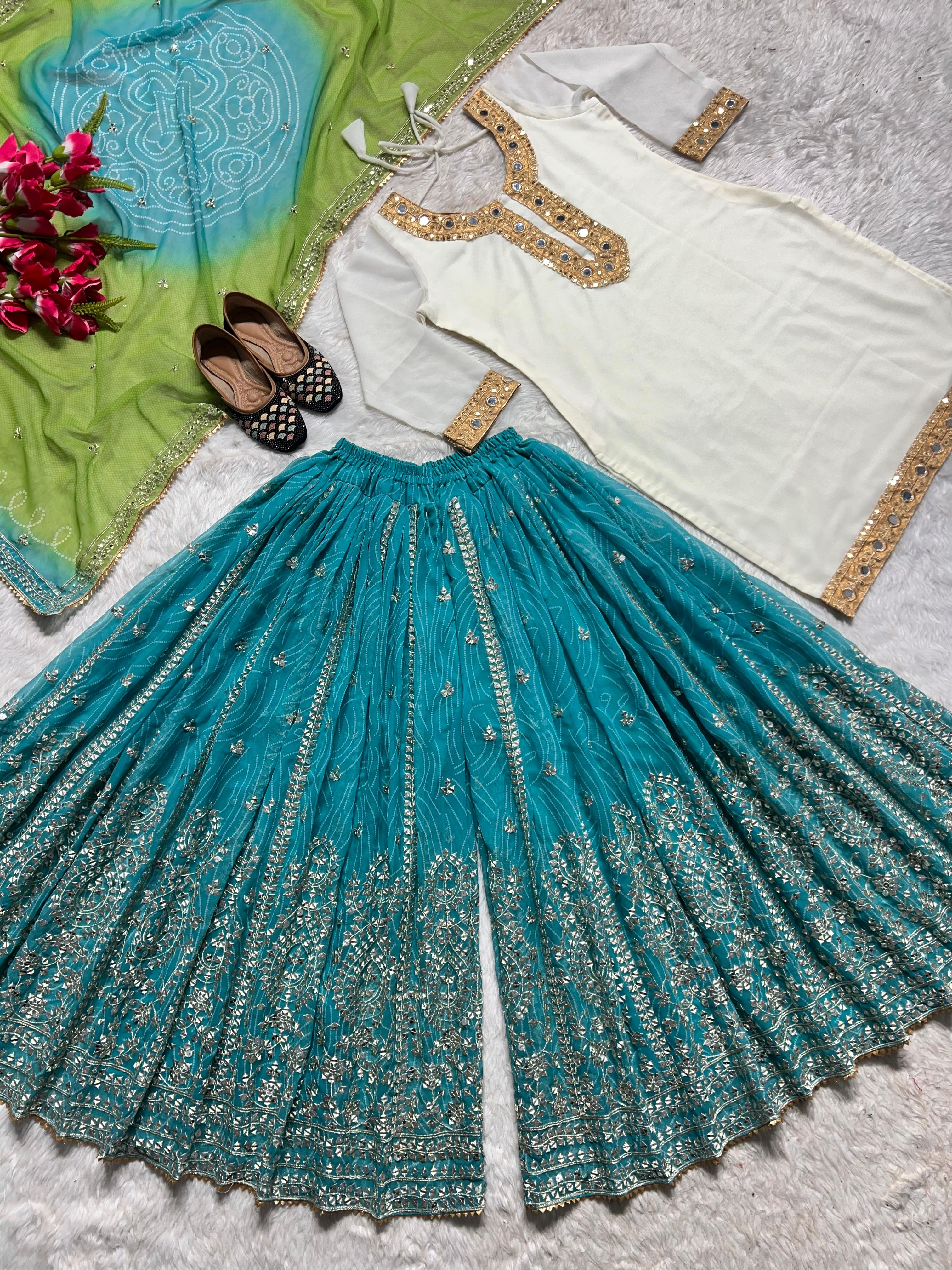 Awesome Sequence Work Sky Blue Color Sharara Suit