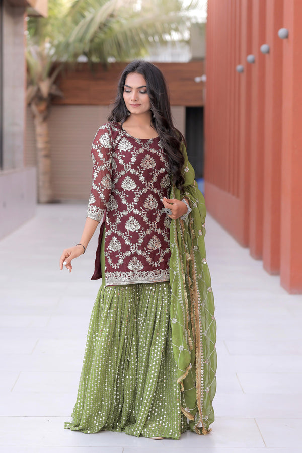 Glorious Sequence Work Green And Wine Color Sharara Suit