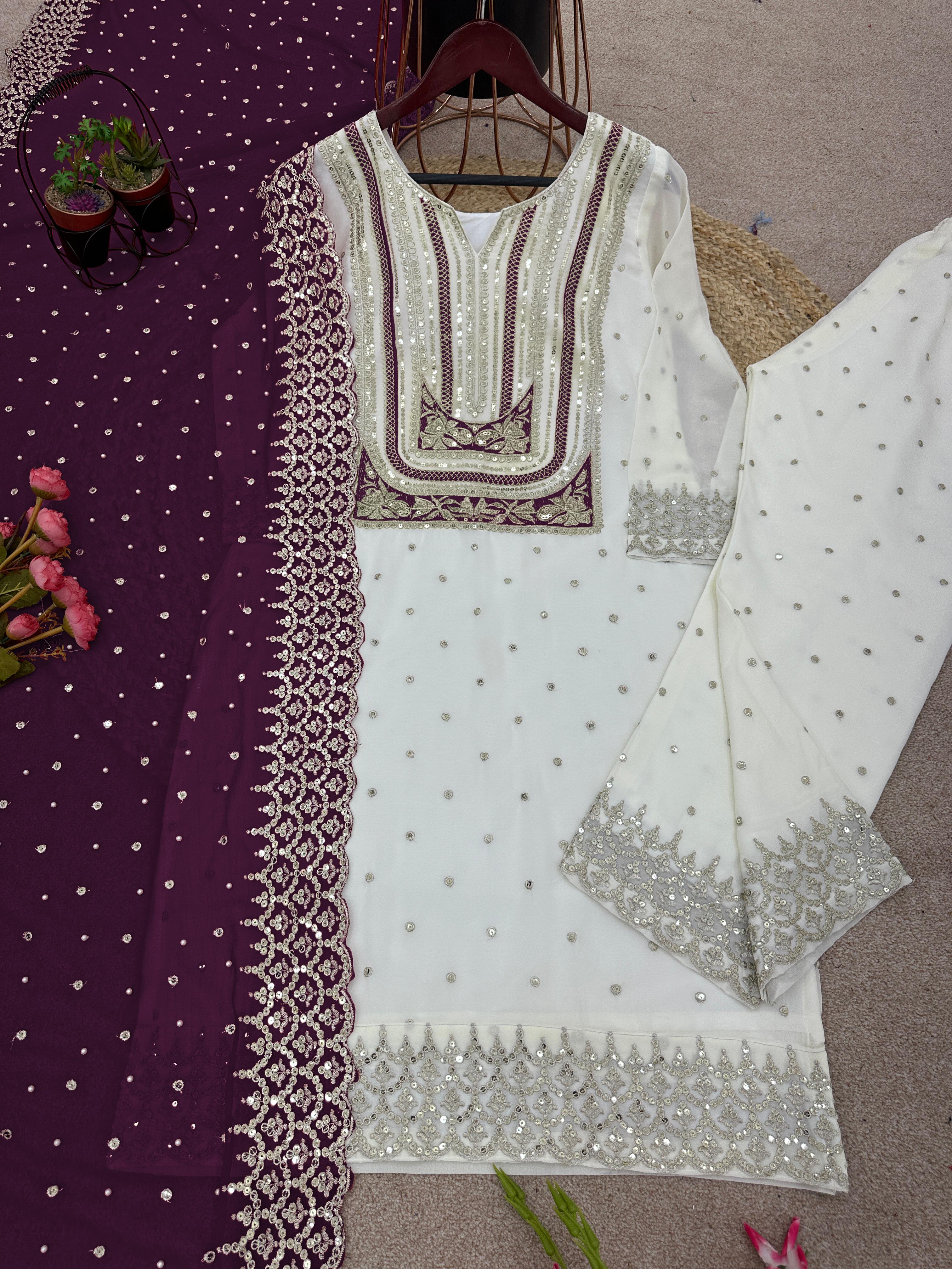 Celebrity Wear White Palazzo Suit With Purple Dupatta