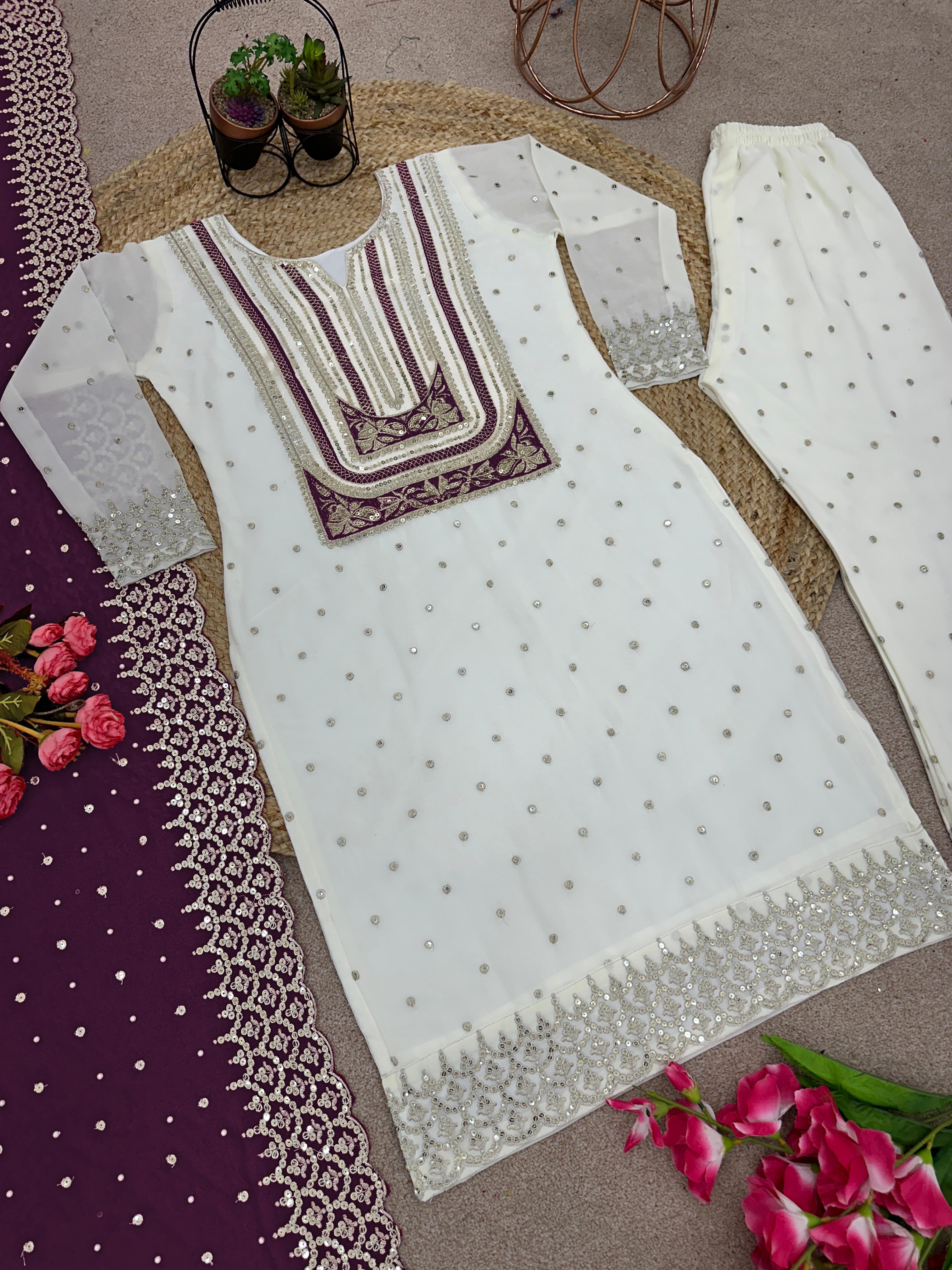 Celebrity Wear White Palazzo Suit With Purple Dupatta