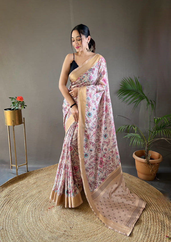 Admiring Beige Color Printed Silk Saree