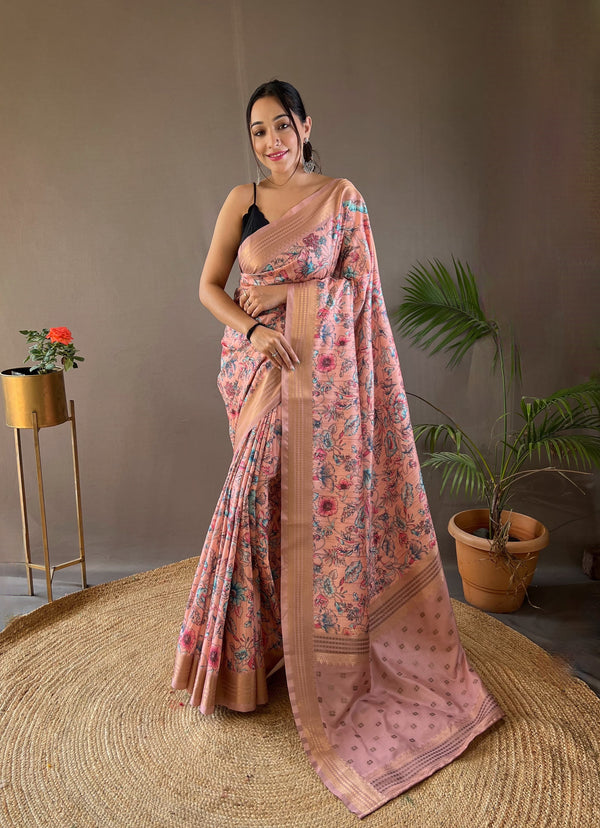 Admiring Pink Color Printed Silk Saree